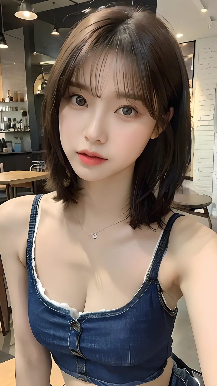 (realisitic、hight resolution:1.3)、1 girl with a perfect figure、Super thin face and eyes、length hair、Low Cut Tank Top:Short jeans、in a cafe、coffee on table、Colossal 、Exposed cleavage　Navel out　Bundle your hair