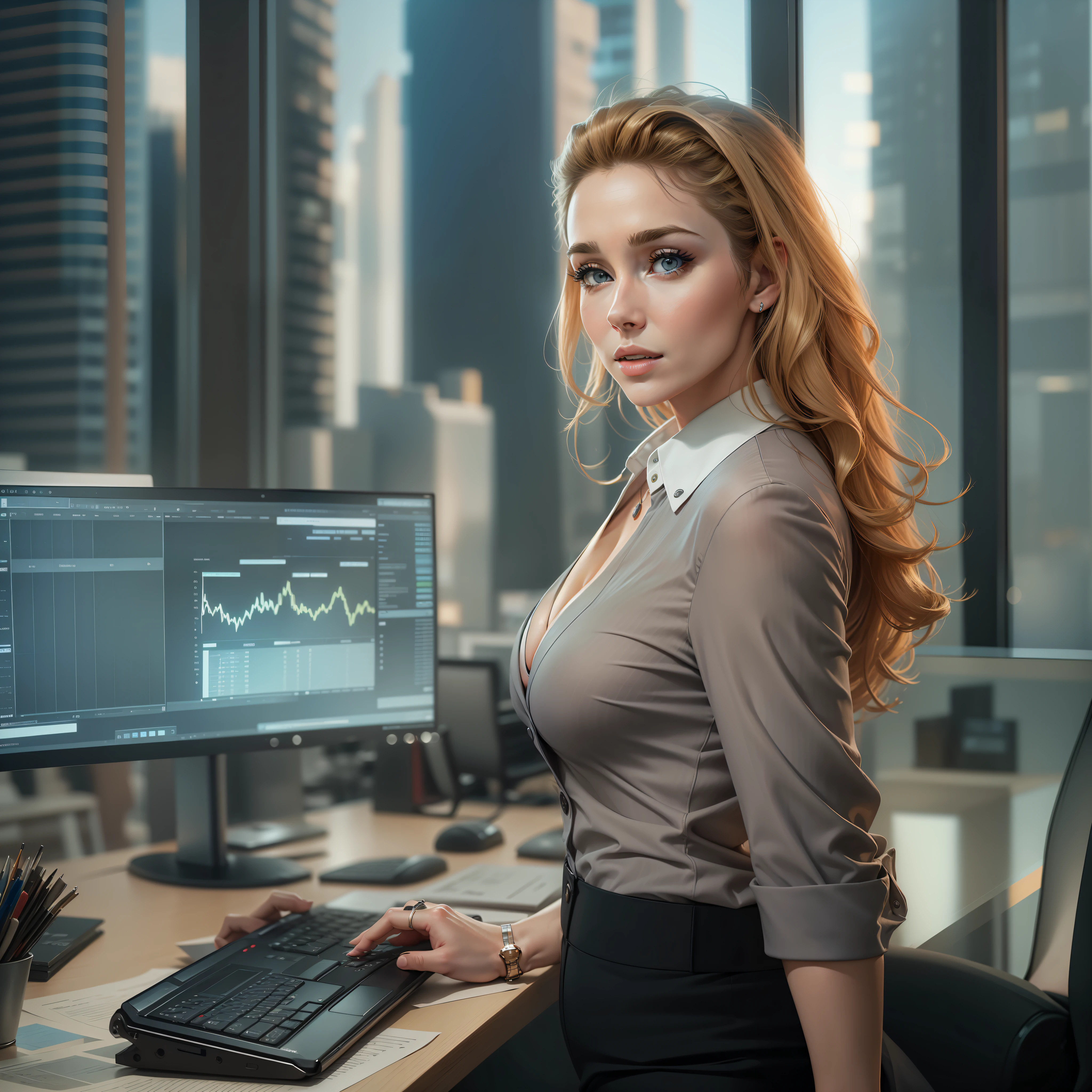 Arafed woman in a business suit sitting at a desk with a computer - SeaArt  AI