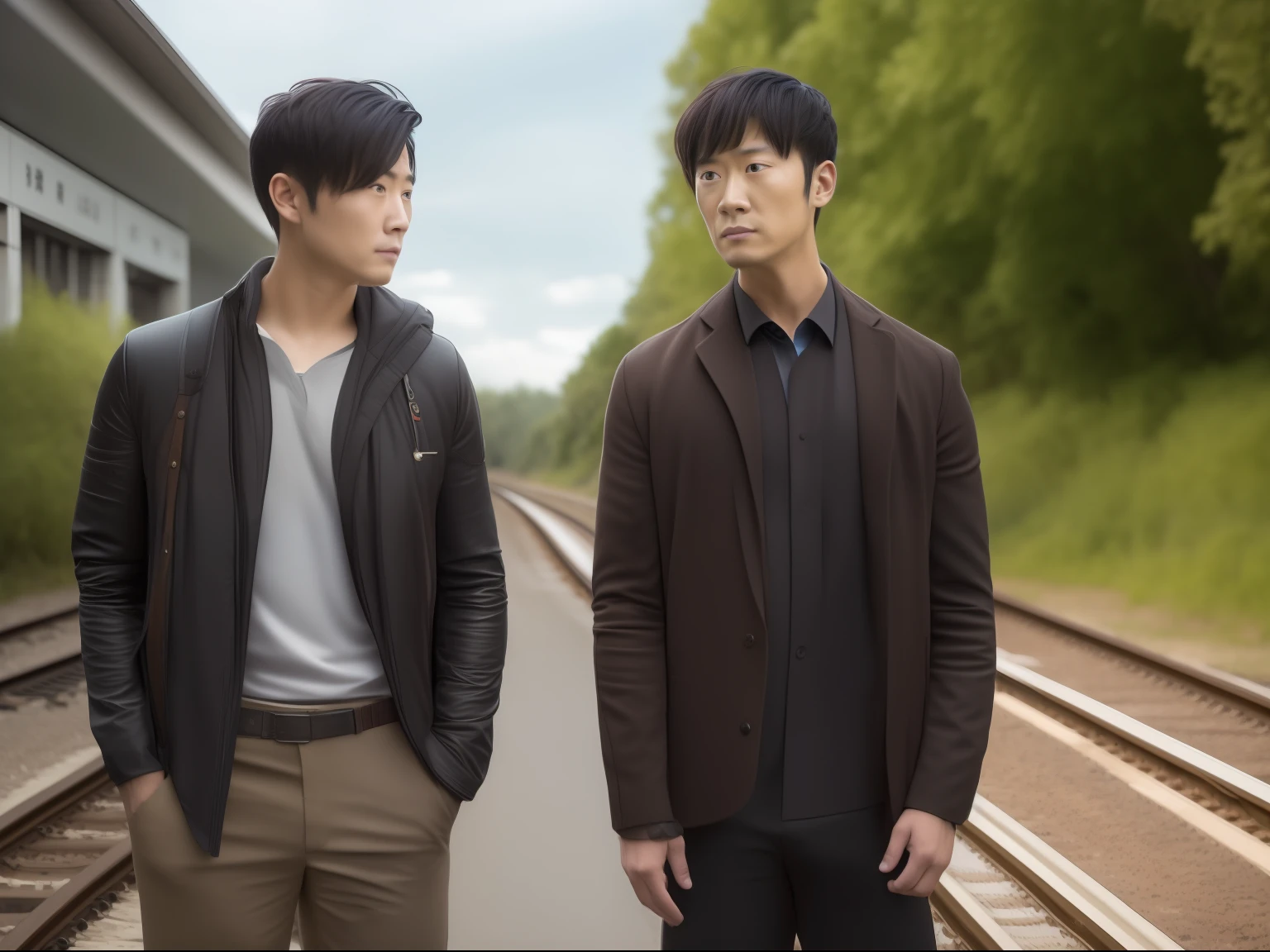 Two people standing side by side on the train tracks, still from live action movie, japanese live action movie, live-action movie scenes, redline anime movie style, The train is far away, Still from the movie, production still, morningglow, cinematic Film still from, live-action adaptation, photo 1 5 mm, cinematic Film still from, extreme drama