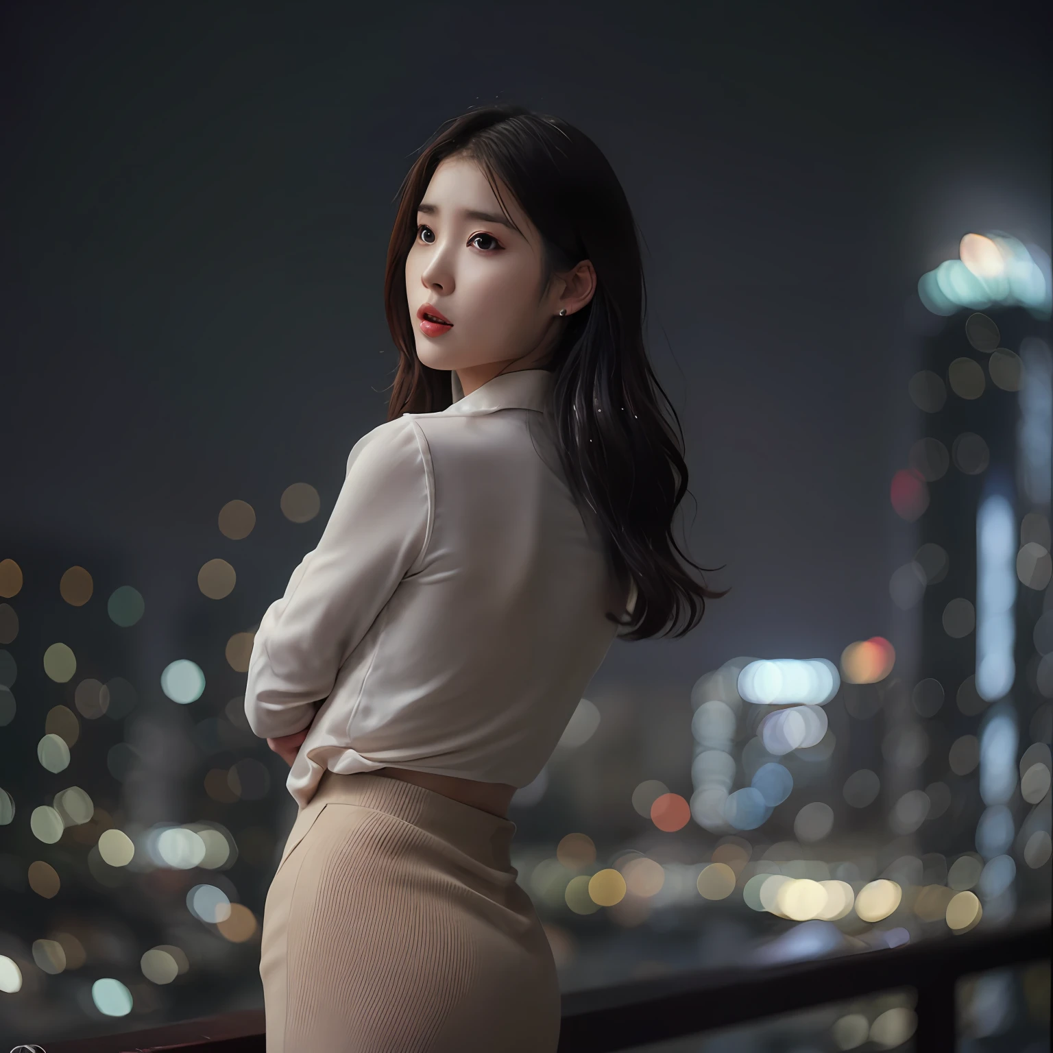 nikon RAW photo,8 k,Fujifilm XT3,photorealistic,realistic, solo, photorealistic, best quality, ultra high res, (skin spots:0.1) serious expression, , standing against a city skyline at night,business suits, short, wet and tight shirt,Suit skirt beautiful, masterpiece, best quality, extremely detailed face, perfect lighting, solo,1girl, sexy sight best quality, ultra high res, photorealistic, ultra detailed, masterpiece, best quality, iu1, big buttocks