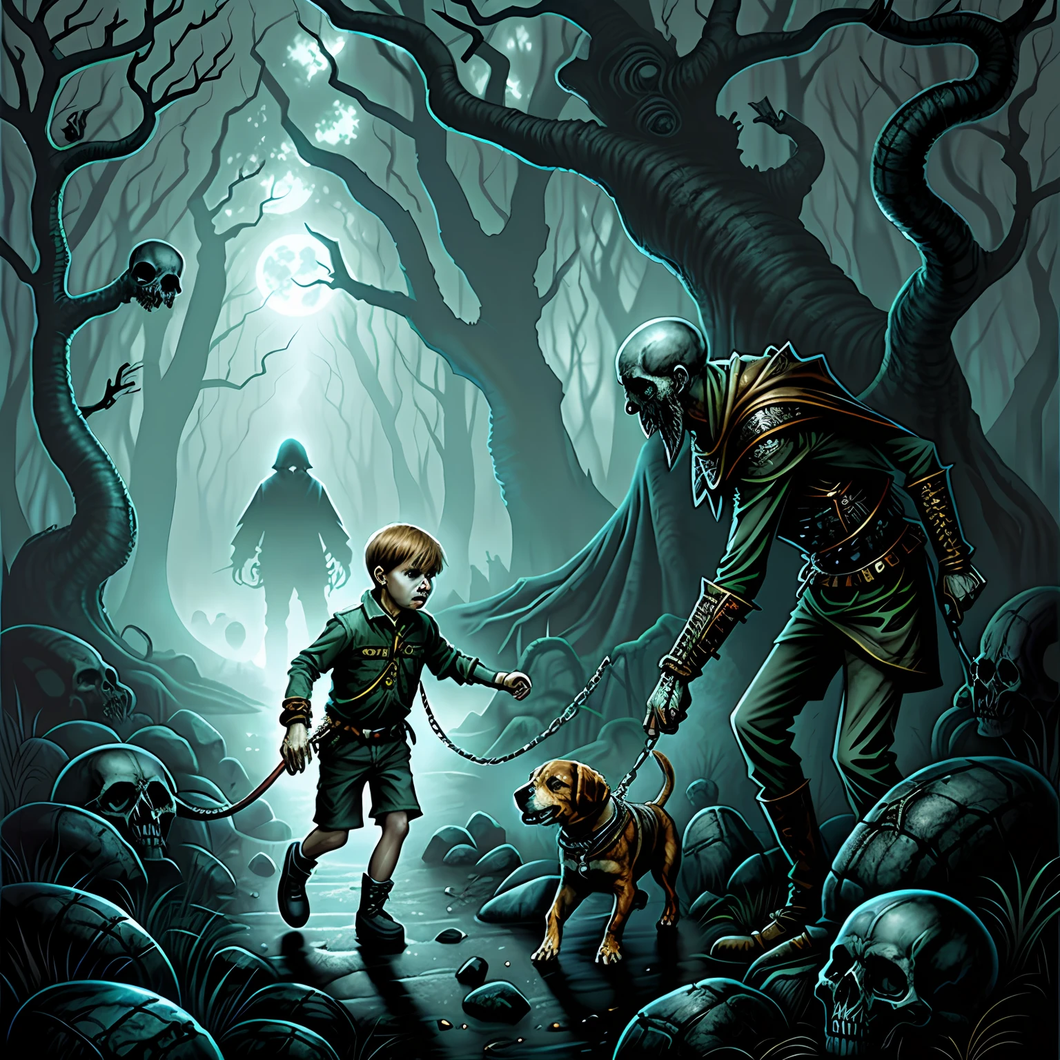 A boy with a Beagle on a leash crossing a forest haunted by skulls and spirits. Horror art, surrealism , hyperdetailed, color drawing, illustration by Dan Seagrave.