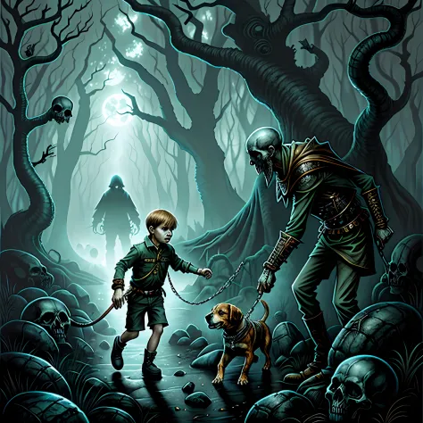 A boy with a Beagle on a leash crossing a forest haunted by skulls and spirits. Horror art, surrealism , hyperdetailed, color dr...