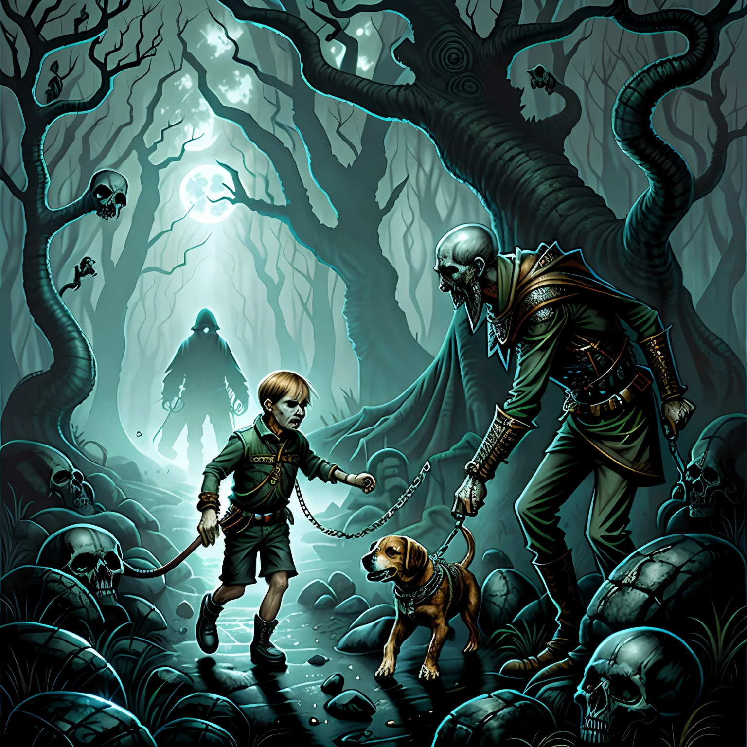 A man with a Beagle on a leash crossing a forest haunted by skulls and spirits. Horror art, surrealism , hyperdetailed, color drawing, illustration by Dan Seagrave.