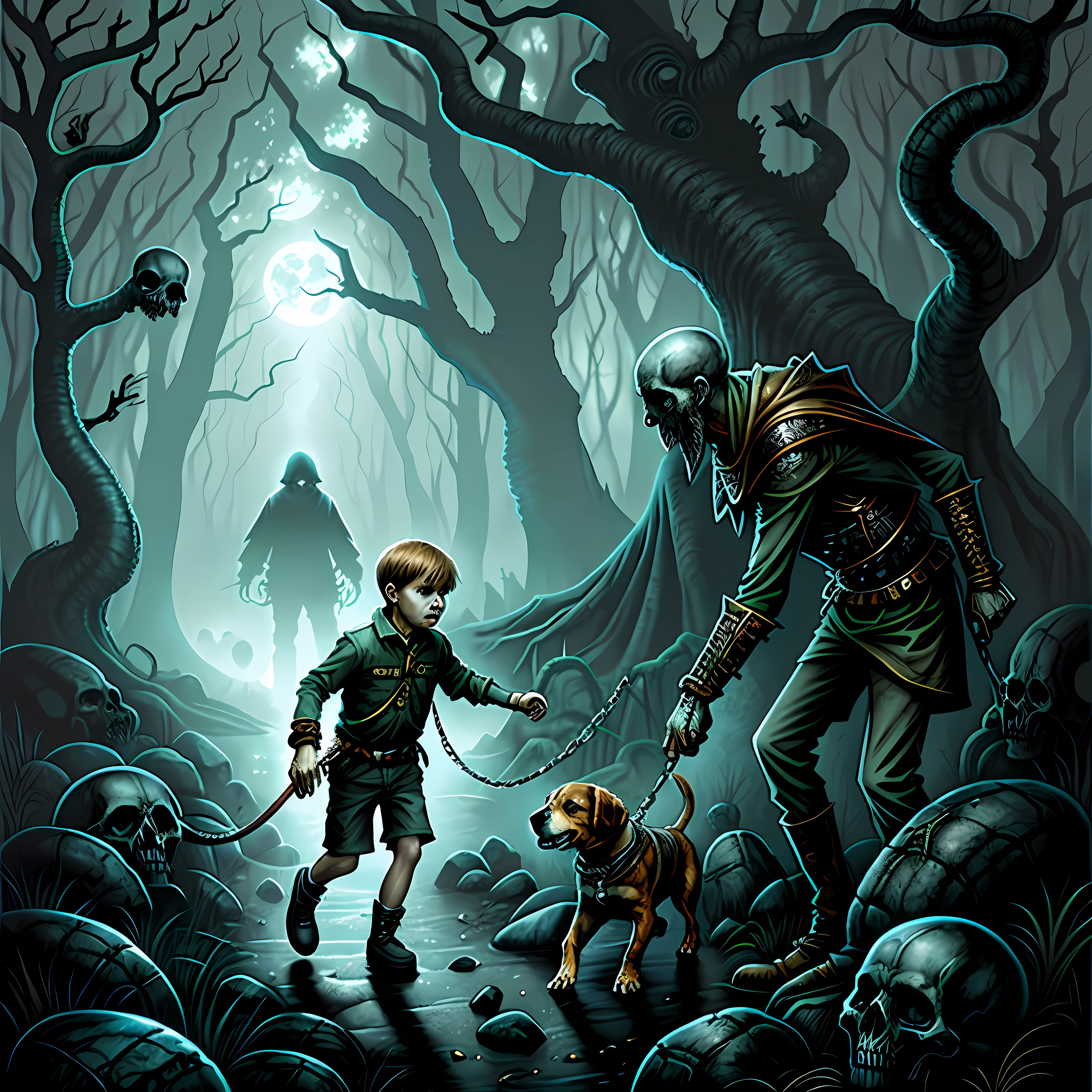 一個男孩牽著一隻小獵犬穿過一片被頭骨和靈魂困擾的森林. 恐怖藝術, 超現實主義 , 超詳細, 彩色繪圖, 丹·西格雷夫插圖.