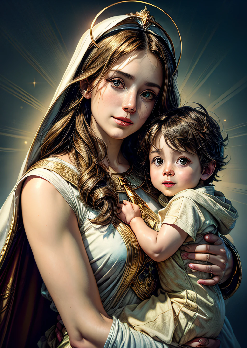 masterpiece, woman and child, holy virgin mary with little boy in her arms, ((halo over head)), smiling, heavenly sky, half body, ((divine light)), ethereal, clouds, back lighting, realistic portrait, symmetrical, strong, intricate drawing, highly detailed, digital painting, art station, concept art, fluid, sharp focus, illustration, against heaven's gate, cinematic lighting, works by artgerm and greg rutkowski and alphonse mucha