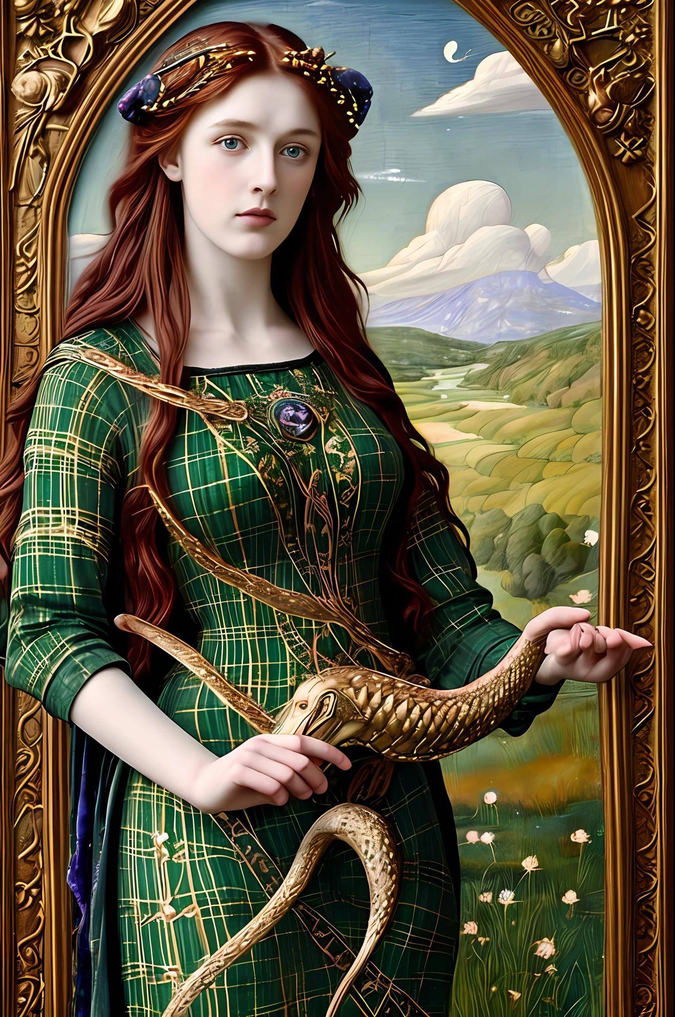 (((Живопись прерафаэлитов))) Кельтская богиня исцеления со звездой на макушке летит в небе, друид, белая клетчатая одежда, holds a змея, Кельтский стиль, Друидизм, стиль ренессанс, Осенние тона, змея, гадюка, змея, Уроборос