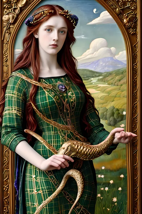 (((Pre-Raphaelite painting))) Celtic goddess of healing with a star on top of her head is flying in the sky, druid, white plaid ...