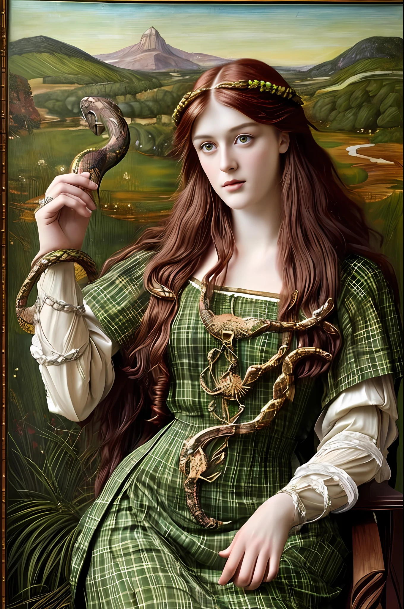 (((Живопись прерафаэлитов))) Кельтская богиня исцеления со звездой на макушке летит в небе, друид, белая клетчатая одежда, holds a змея, Кельтский стиль, Друидизм, стиль ренессанс, Осенние тона, змея, гадюка, змея, Уроборос