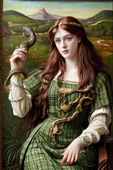 (((Pre-Raphaelite painting))) Celtic goddess of healing with a star on top of her head is flying in the sky, druid, white plaid ...