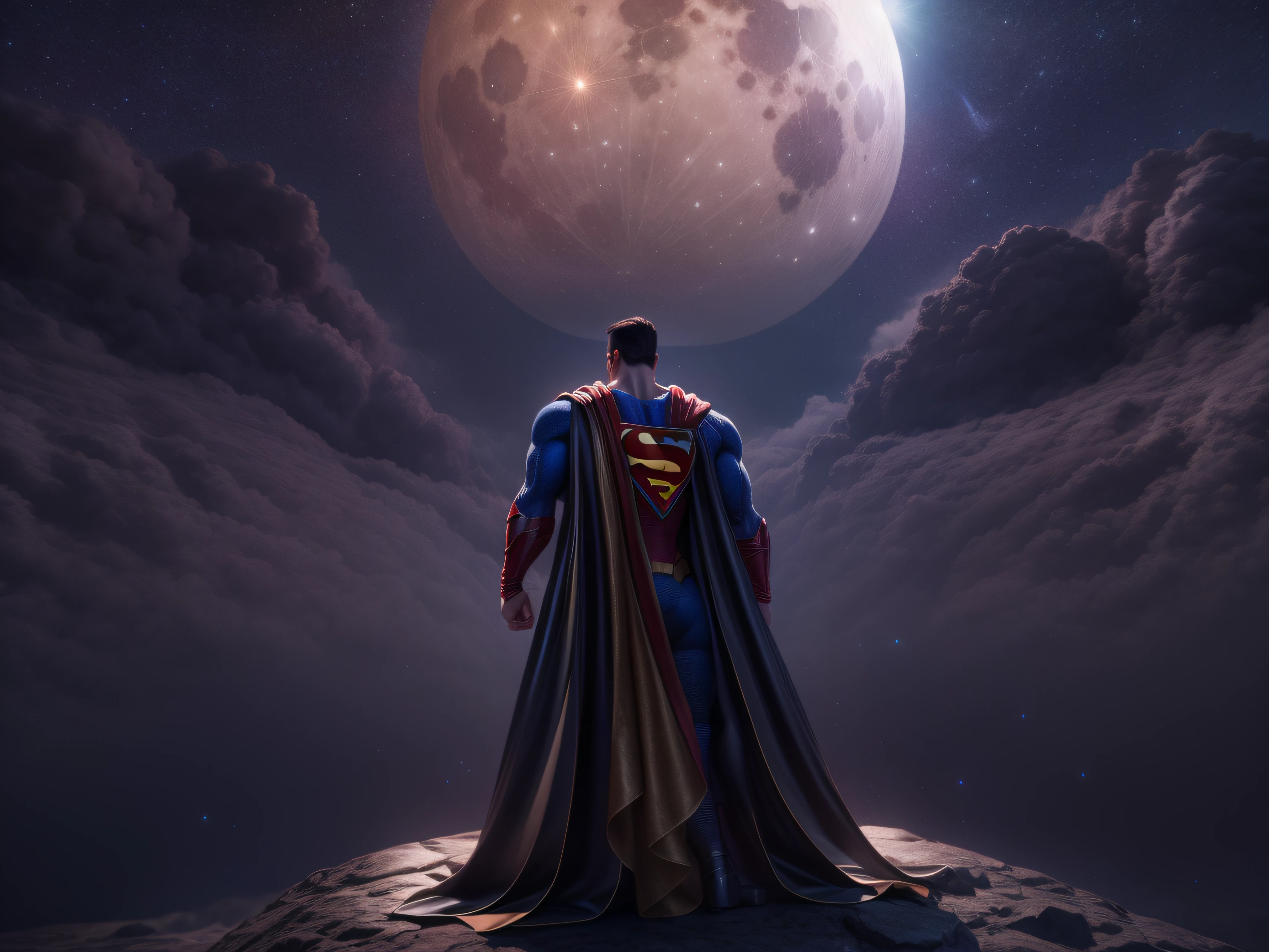 Beenden Sie eine mächtige Bedrohung, Supermans imposante Erscheinung, bedrohlicher Blick, reichhaltig detailliert, Hyperrealistisch, 3D-Rendering, erstes Werk, NVIDIA, RTX, Raytracing, Bokeh, Nachthimmel mit einem riesigen und wunderschönen Vollmond, leuchtende Sterne,