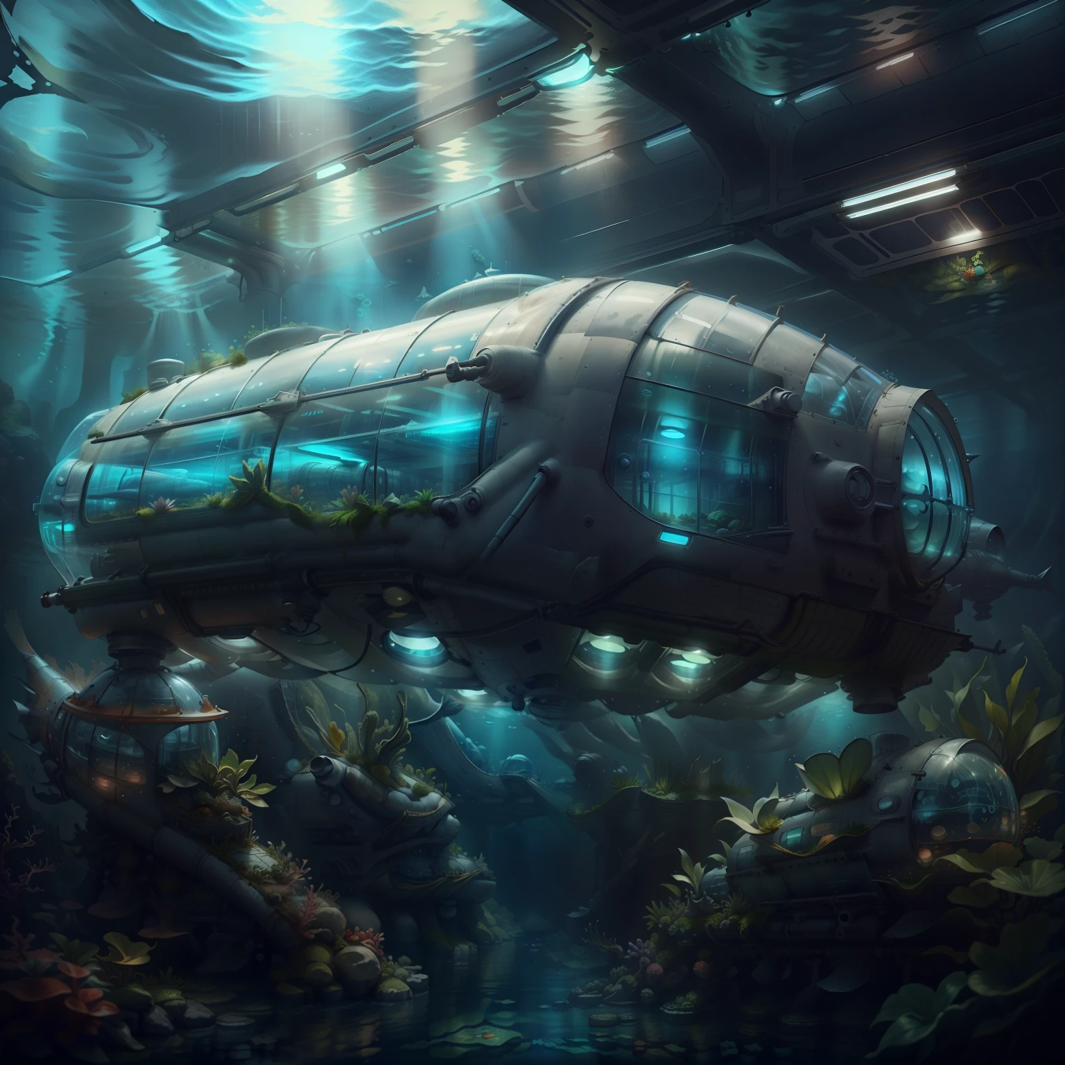 SolarpunkAI на экологически чистой энергии , футуристическая подводная лодка, под водой