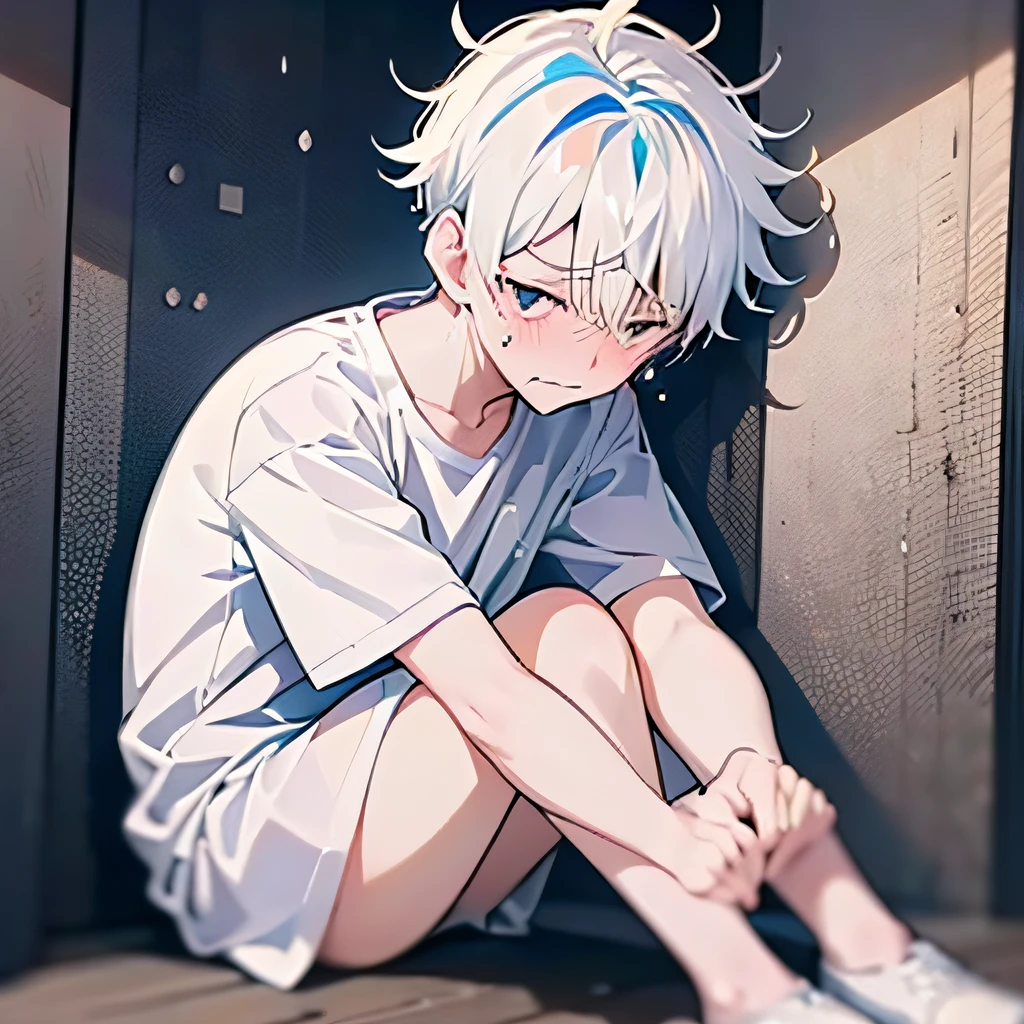 (Anime style + soft cute) A cute and weak boy with white hair, wearing a white shirt, with a sad expression, crying and sitting on the ground. There are tears, the picture style is fresh and simple, rendered like a comic, and the lens is displayed as a close-up,