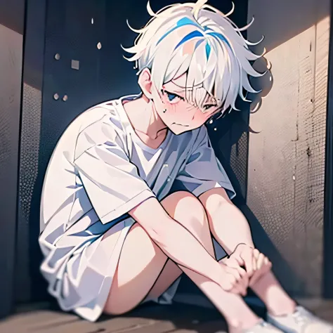 (Anime style + soft cute) A cute and weak boy with white hair, wearing a white shirt, with a sad expression, crying and sitting ...