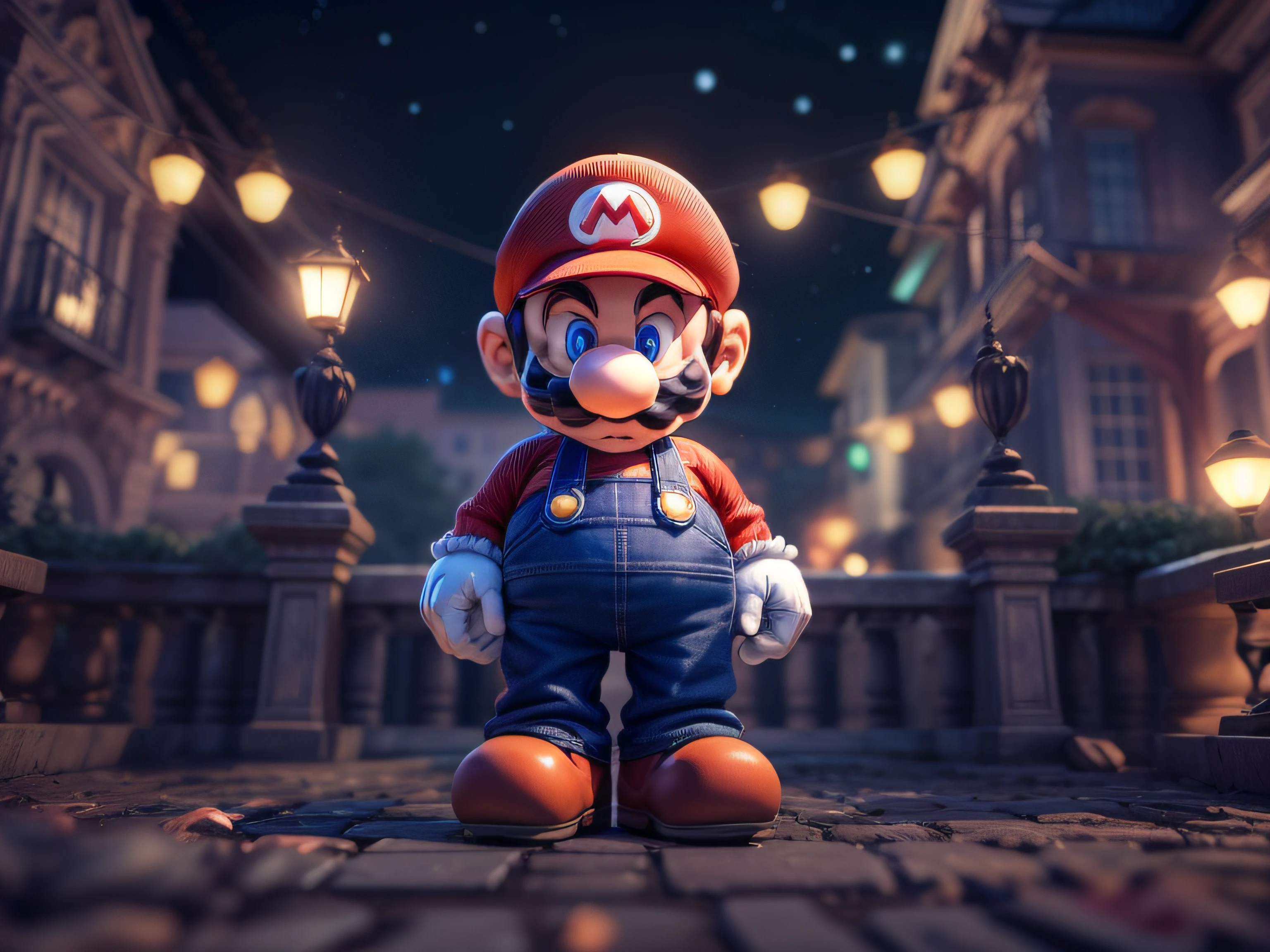 The imposing appearance of Super Mario Bros., menacing stare, ricamente detalhado, Hiper realista, 3D-rendering, obra-prima, NVIDIA, RTX, ray-traced, Bokeh, Night sky with a huge and beautiful full moon, estrelas brilhando,
