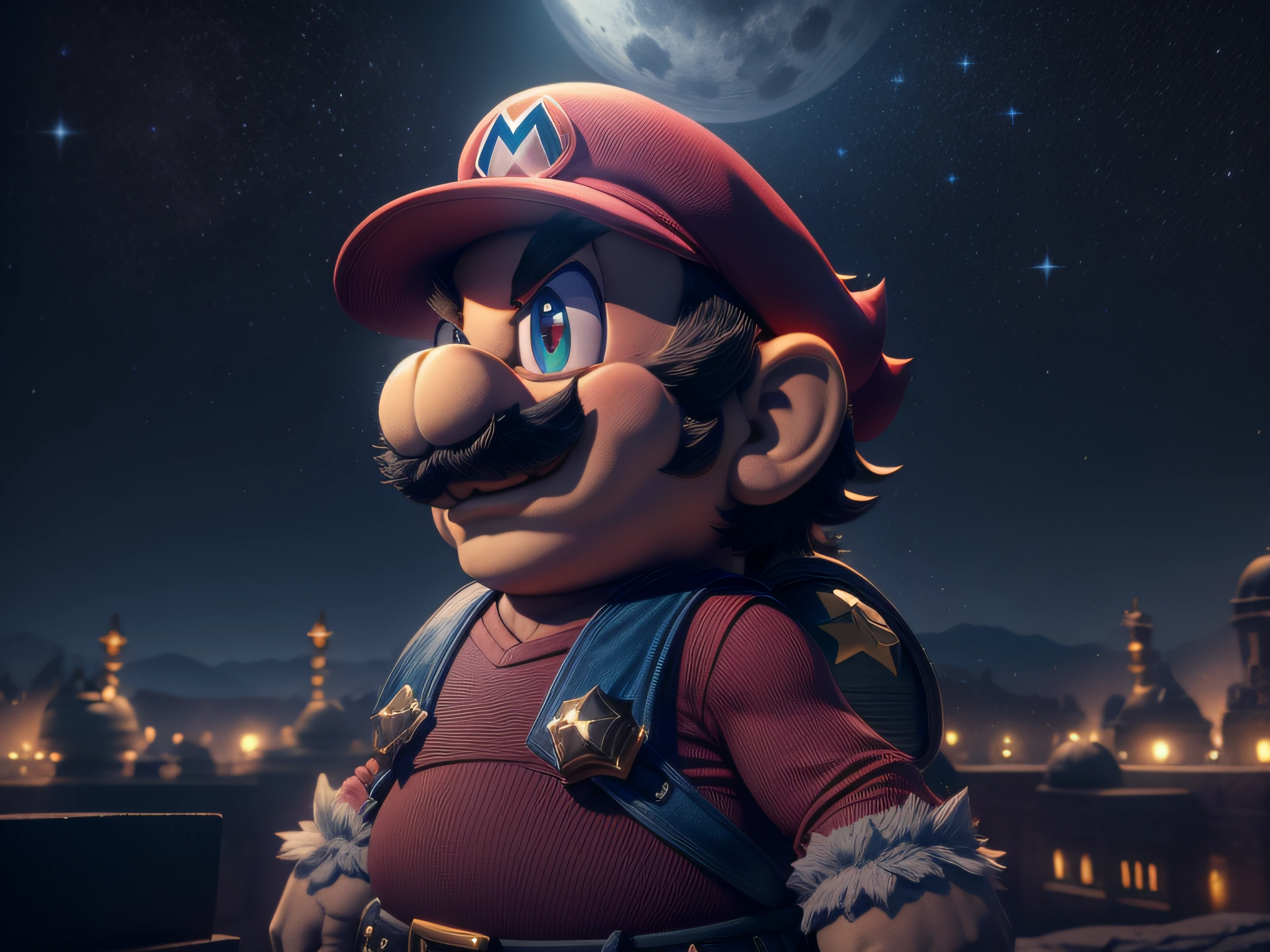 The imposing appearance of Super Mario Bros., menacing stare, ricamente detalhado, Hiper realista, 3D-rendering, obra-prima, NVIDIA, RTX, ray-traced, Bokeh, Night sky with a huge and beautiful full moon, estrelas brilhando,