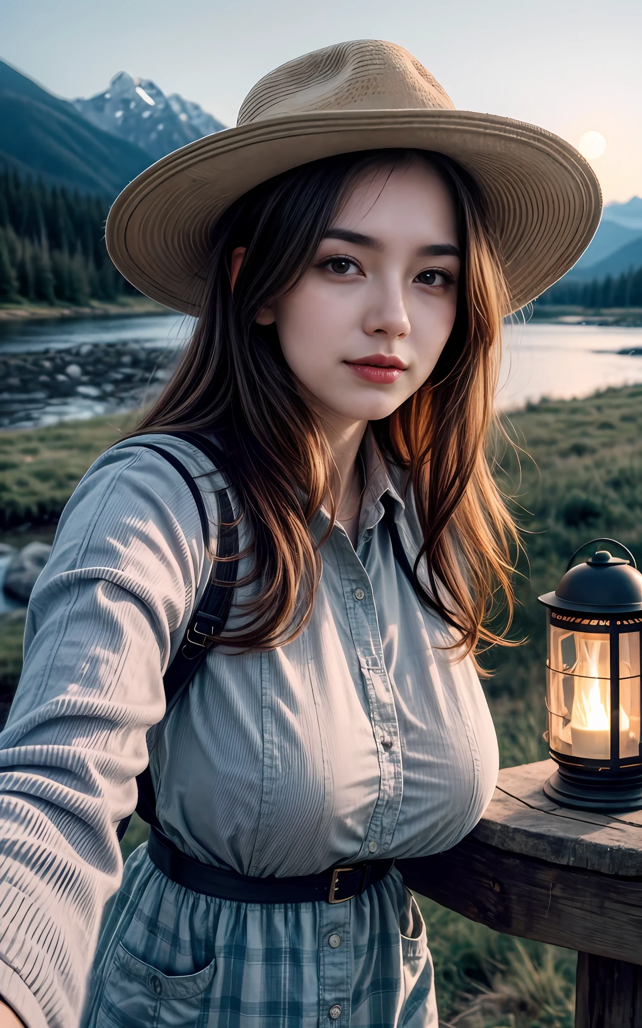 1 woman ((upper body selfie, happy)), masterpiece, best quality, ultra-detailed, solo, outdoor, (night), mountains, nature, (stars, moon) cheerful, happy, backpack, sleeping bag, camping stove, water bottle, country boot, country hat, red plaid shirt long sleeve open, lantern, forest, rocks, river, wood, smoke, shadows, contrast, clear sky, style, (warm hue,  warm tone: 1.2), close-up, cinematic light, side lighting, ultra high resolution, best shadow, RAW, upper body, wearing lingerie, seductive look, huge breasts, 4k, open neckline, sexy