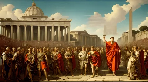 The image depicts the splendor of Julius Caesar's Empire, destacando seu poder e grandiosidade. No centro, an imposing Julius Ca...