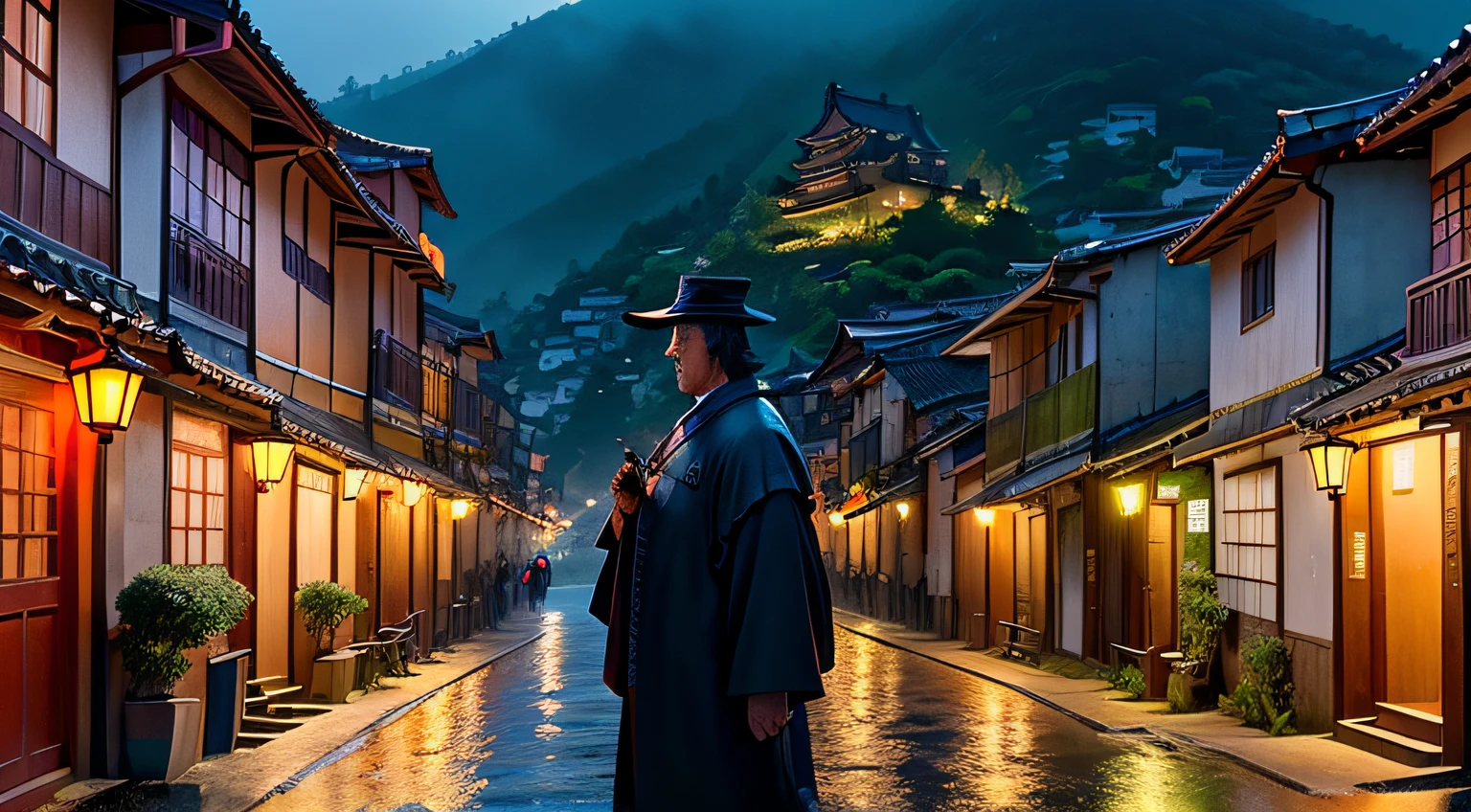 Homem jovem caminhando em primeiro plano, vistA of a village with many lights in the buildings, cidade dos sonhos, vila chinesa, paper awesome wallpaper, cidade japonesa, vila japonesa, foto hiper realista de uma cidade, old asian village, cidade japonesa, por Raymond Han, noite chuvosa , Cyberpunk Chinese Ancient Castle, beautifully lit buildings, at evening during rain, handsome and aesthetic, fotografia, cinemactic, 8k, alto detalhado ((Chuva forte)))