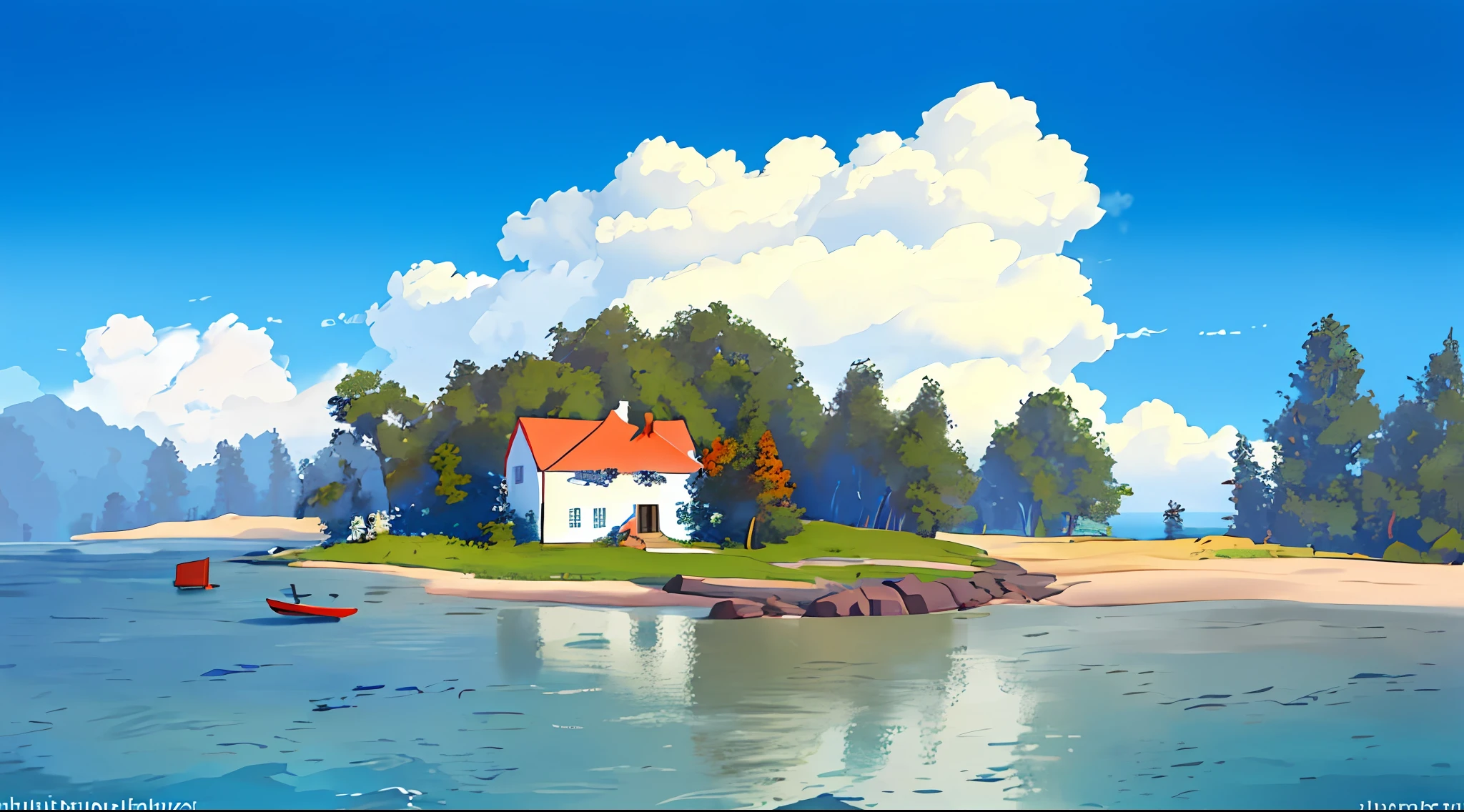 painting of a house on a small island with a tree in the middle, island landscape, inspired by Lars Jonson Haukaness, inspired by George Caleb Bingham, inspired by Rockwell Kent, by Lars Jonson Haukaness, inspired by Fitz Hugh Lane, inspired by David Ligare, in the style of hans thoma