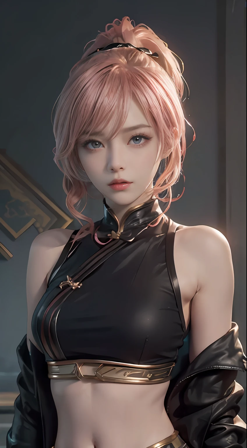 jixiaoman，Pink_Hair，black_clothes，((Realistic lighting, Top quality, 8K, Masterpiece: 1.3)), Clear focus: 1.2, 1 girl, Bigboobs,Perfect body beauty: 1.4, Slim abs: 1.1, Perfect face,beautfully face