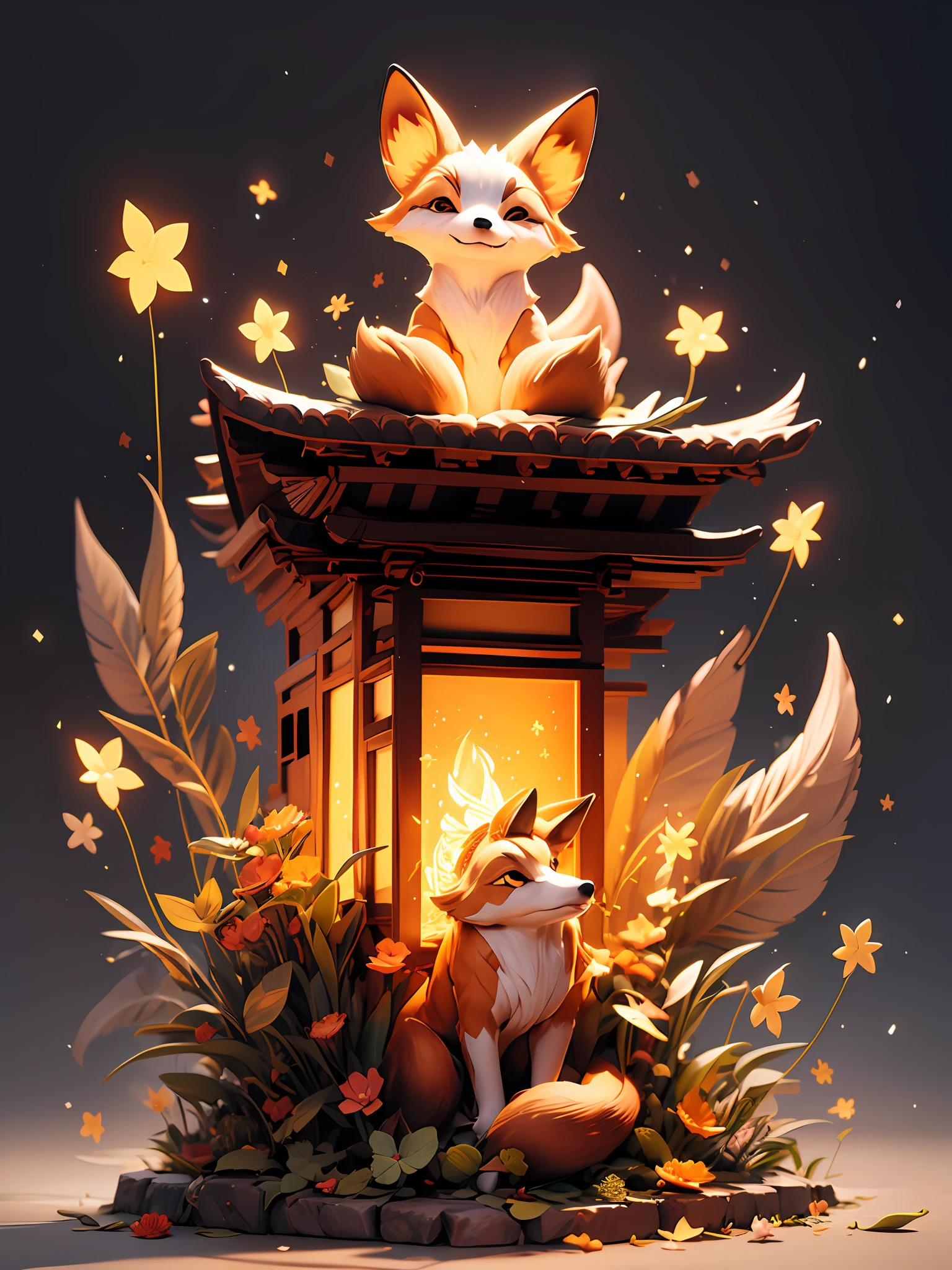 "Bezaubernde Nachtszene mit einem japanischen Tempel, einem faszinierenden leuchtenden Fuchs, umgeben von faszinierenden Lichtpartikeln und einem atemberaubenden Lichteffekt. Keine Menschen anwesend."