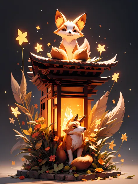 "Enchanting night scene with a Japanese Temple a captivating glowing fox surrounded by mesmerizing light particles and a stunnin...