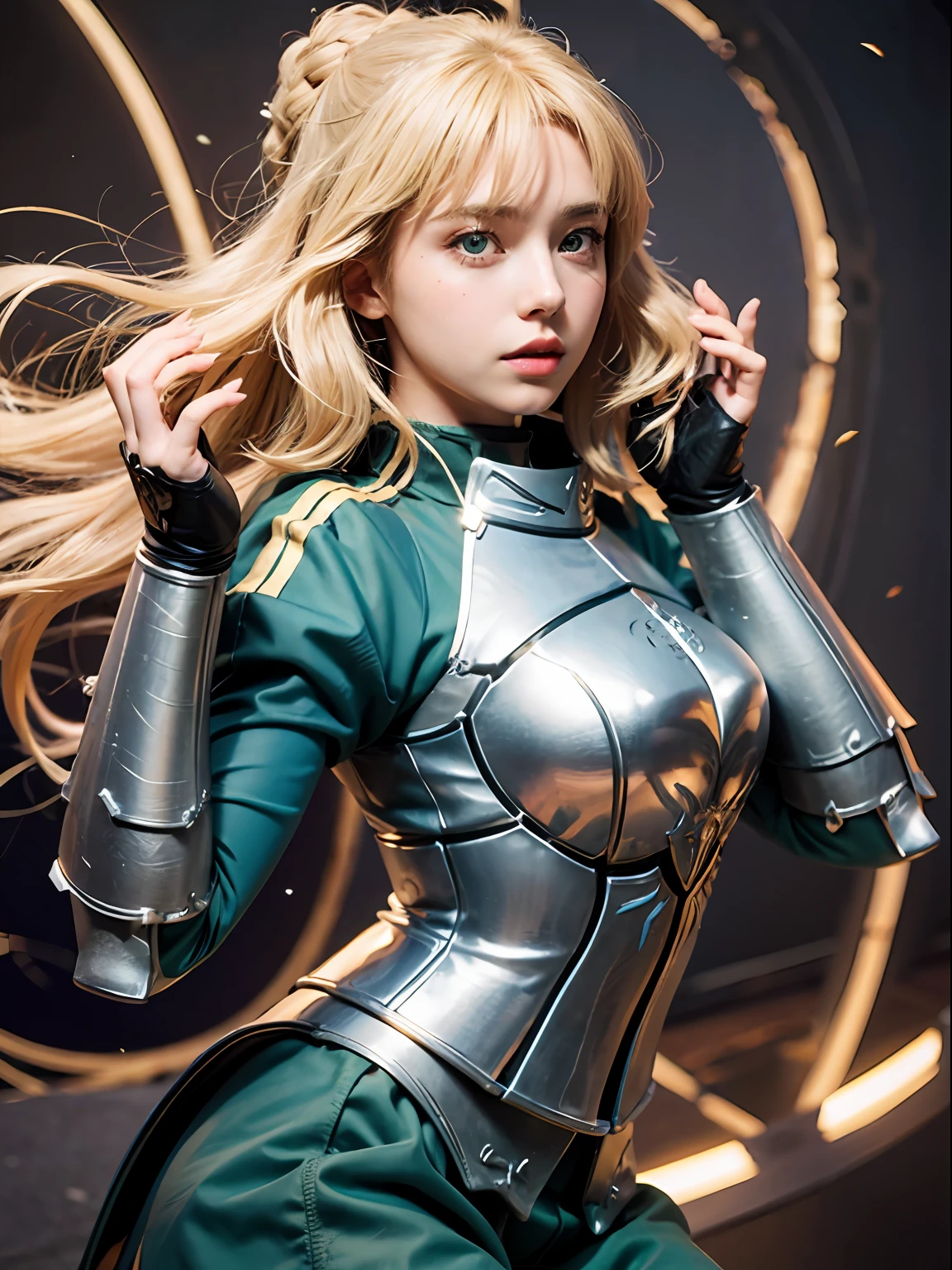 aasaber, green eyes, blonde hair, ahoge, gauntlets, 1girl, full body,  (masterpiece:1.2), (ultra detailed), (8k, intricate), (85mm), (highly detailed:1.2), (dynamic angle:1.2), daylight, solo