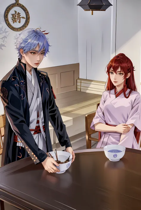 imagen de anime de un hombre y una mujer de pie en una mesa, manhwa, a punto de consumirte, fanart de alta calidad, apariencia v...