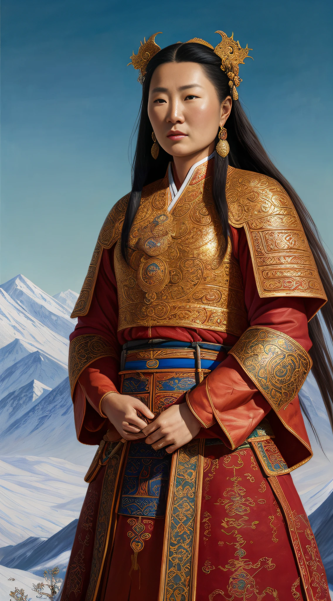 {A detailed, highly intricate oil painting of Hoelun, the revered mother of Genghis Khan, she is depicted as the embodiment of wisdom and strength, advising in the vast expanses of the Mongol Empire. She is adorned in her traditional 13th-century Mongolian attire, carefully reflecting the era.}, Oil Painting, Greg Rutkowski Inspired, Art Station, Wide Angle, Detailed View, High Detail Render (greg rutkowski:1.2)(hyper detailed:1.16)(13th-century Mongolian attire:1.1)(Mongol Empire era:1.25).