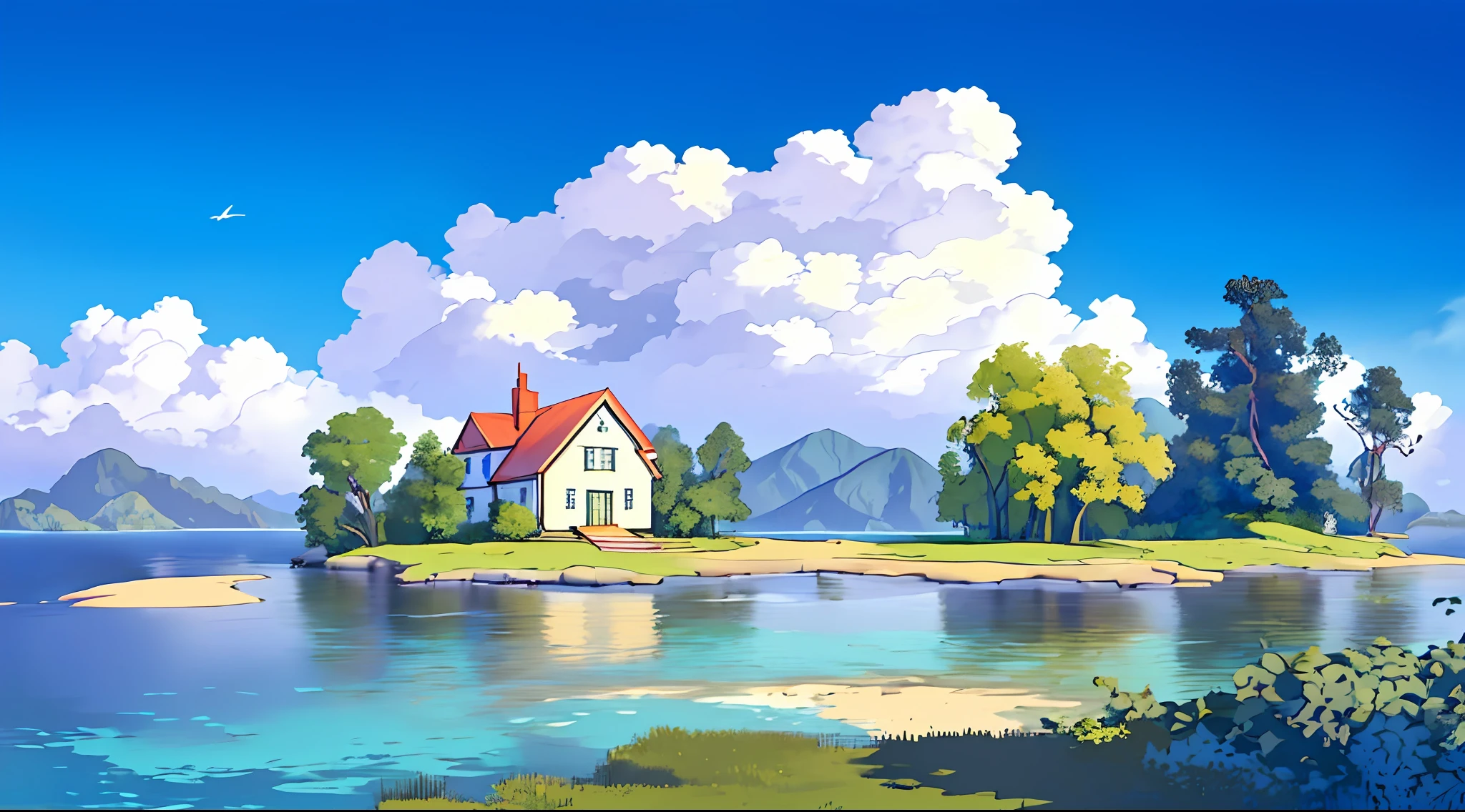 painting of a house on a small island with a tree in the middle, island landscape, inspired by Lars Jonson Haukaness, inspired by George Caleb Bingham, inspired by Rockwell Kent, by Lars Jonson Haukaness, inspired by Fitz Hugh Lane, inspired by David Ligare, in the style of hans thoma