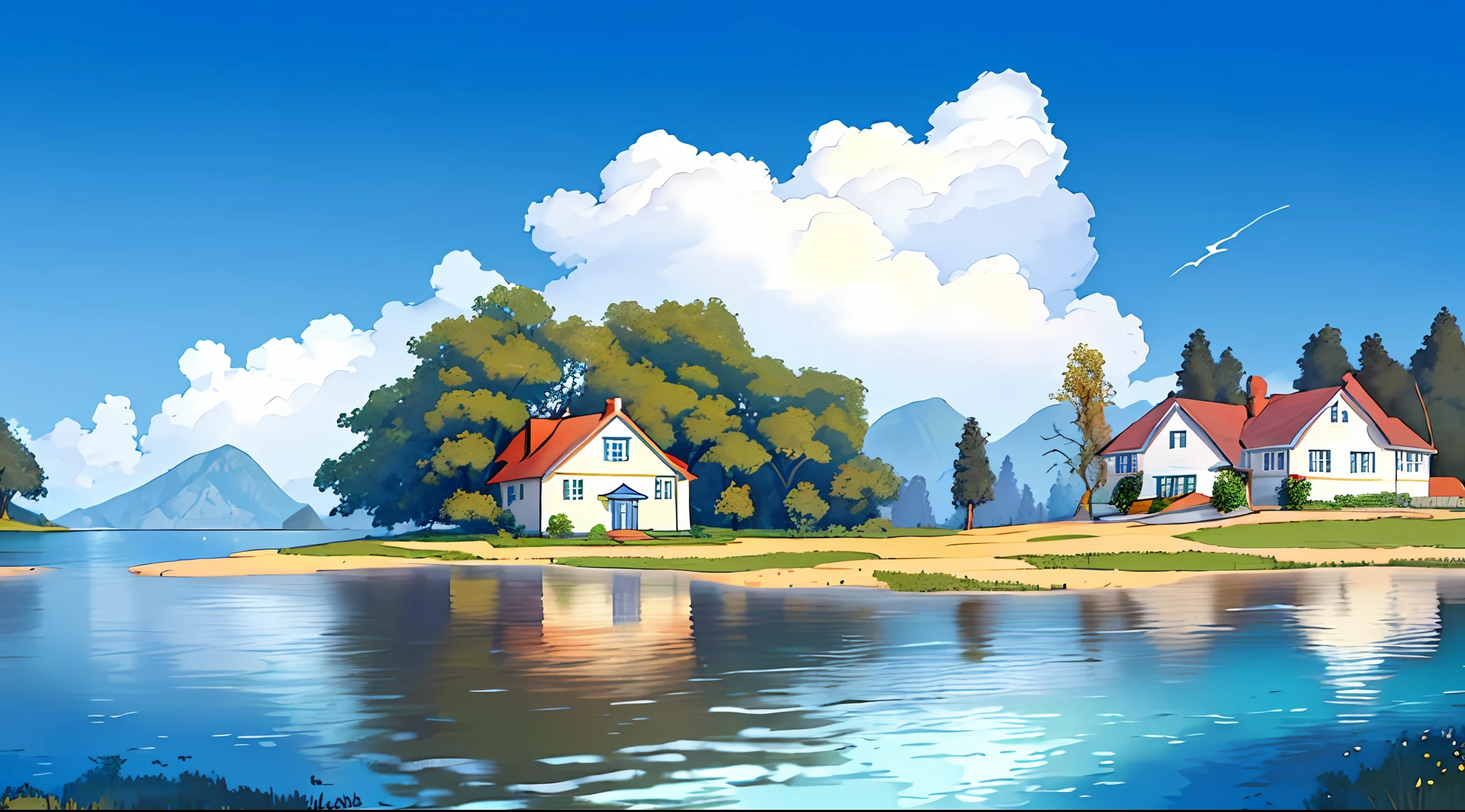 painting of a house on a small island with a tree in the middle, island landscape, inspired by Lars Jonson Haukaness, inspired by George Caleb Bingham, inspired by Rockwell Kent, by Lars Jonson Haukaness, inspired by Fitz Hugh Lane, inspired by David Ligare, in the style of hans thoma