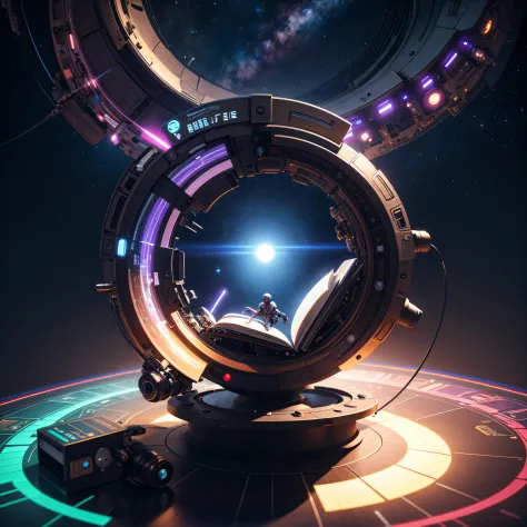 Spaceship with a book in the middle open and a planet in the background with humanoid robots, Portal to outer space, 3 d render bipe, portal in space, dyson sphere in space, Uma obra-prima de Beeple, em estilo de bipe, portal para outro universo, style hyb...