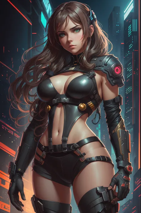 beautiful  illustration of a perfect hot teenage cyberpunk girl, big breasts, body harness, set against a dark and moody cyberpunk background, the scene is intricately detailed, with smooth brushstrokes creating a highly realistic digital painting, spot li...