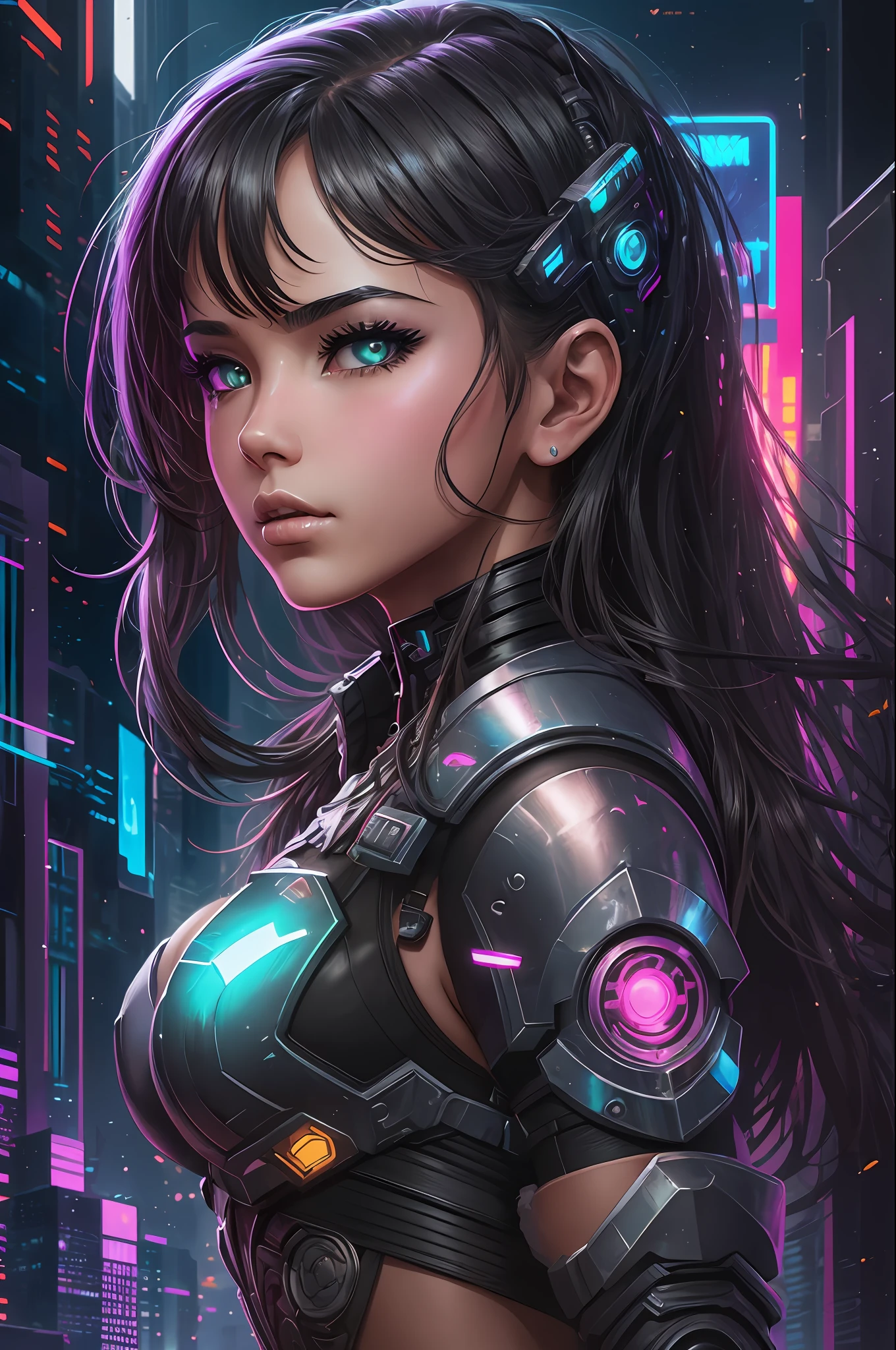 schöne Illustration eines perfekten heißen Cyberpunk-Mädchens im Teenageralter, große Brüste, farbenfrohe Kampfrüstung, vor einem dunklen und stimmungsvollen Cyberpunk-Hintergrund, die Szene ist sehr detailliert, Neonlichter, sanfte Pinselstriche erzeugen ein hochrealistisches digitales Gemälde, Spotbeleuchtung, filmische Beleuchtung, wirft scharfe Schatten und verstärkt den funkelnden Effekt ihrer Haut, Dieses einzigartige Kunstwerk ist von den Stilen von Artgerm inspiriert, Greg Rutkowski --auto --s2