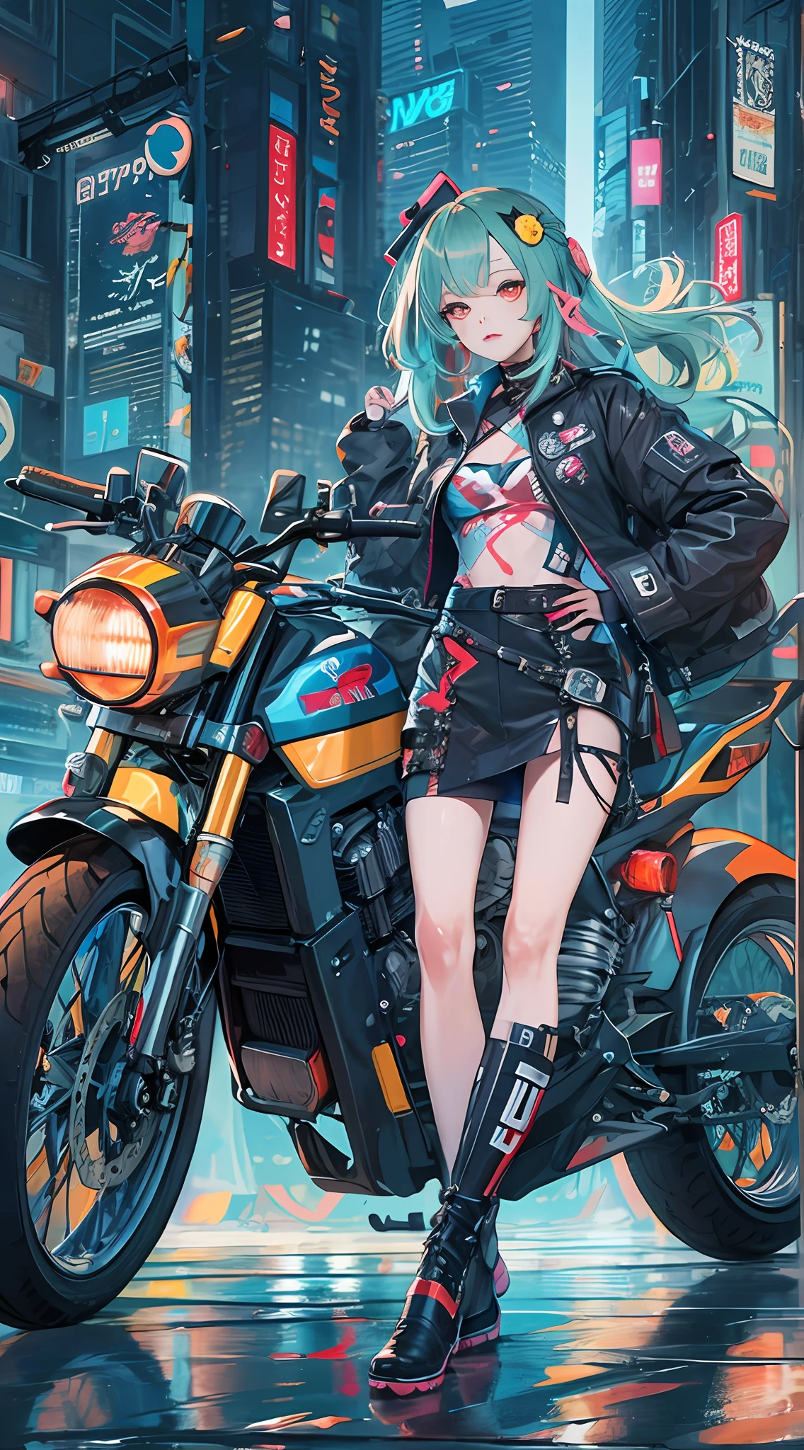 obra de arte, melhor qualidade, 1 garota ciberpunk, tiro de corpo inteiro, parado na frente da motocicleta, Olhando para o visualizador, Garota cyberpunk confiante com expressão atrevida, Roupa pop inspirada em Harajuku, Cores e padrões ousados, acessórios atraentes, penteado moderno e inovador, maquiagem vibrante, Paisagem urbana deslumbrante do Cyberpunk, arranha-céus, Placas de neon, Luzes LED, esquema de cores brilhantes e vívidas, anime, ilustração, textura detalhada da pele, textura detalhada de pano, Lindo rosto detalhado, detalhes intrincados, ultra detalhado.