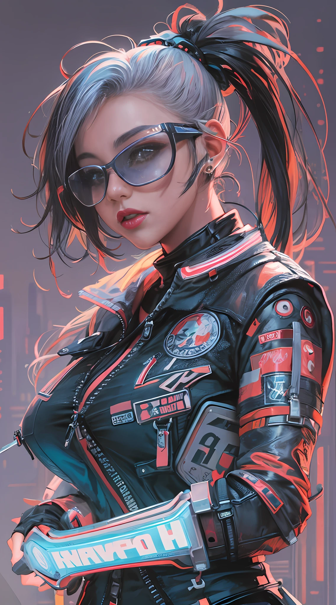 chef-d&#39;œuvre, Meilleure qualité, 1 fille cyberpunk, Prise de vue complète du corps, debout devant une moto, regarder le spectateur, fille cyberpunk confiante avec une expression impertinente, Tenue pop d&#39;inspiration Harajuku, couleurs et motifs audacieux, des accessoires accrocheurs, coiffure tendance et innovante, maquillage vibrant, Paysage urbain éblouissant Cyberpunk, grattes ciels, enseignes au néon, lumières LED, palette de couleurs vives et vives, animé, illustration, texture de peau détaillée, texture de tissu détaillée, beau visage détaillé, détails complexes, ultra détaillé.