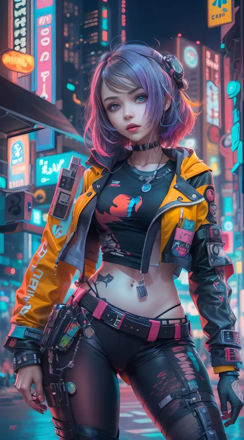 masterpiece, best quality, 1 cyberpunk girl, full body shot, standing in front of motorcycle, looking at viewer, Confident cyberpunk girl with sassy expression, Harajuku-inspired pop outfit, bold colors and patterns, eye-catching accessories, trendy and innovative hairstyle, vibrant makeup, Cyberpunk dazzling cityscape, skyscrapers, neon signs, LED lights, bright and vivid color scheme, anime, illustration, detailed skin texture, detailed cloth texture, beautiful detailed face, intricate details, ultra detailed.
