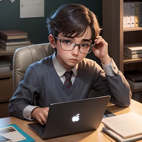 a bespectacled, nerdy kid sitting at his office desk with his laptop