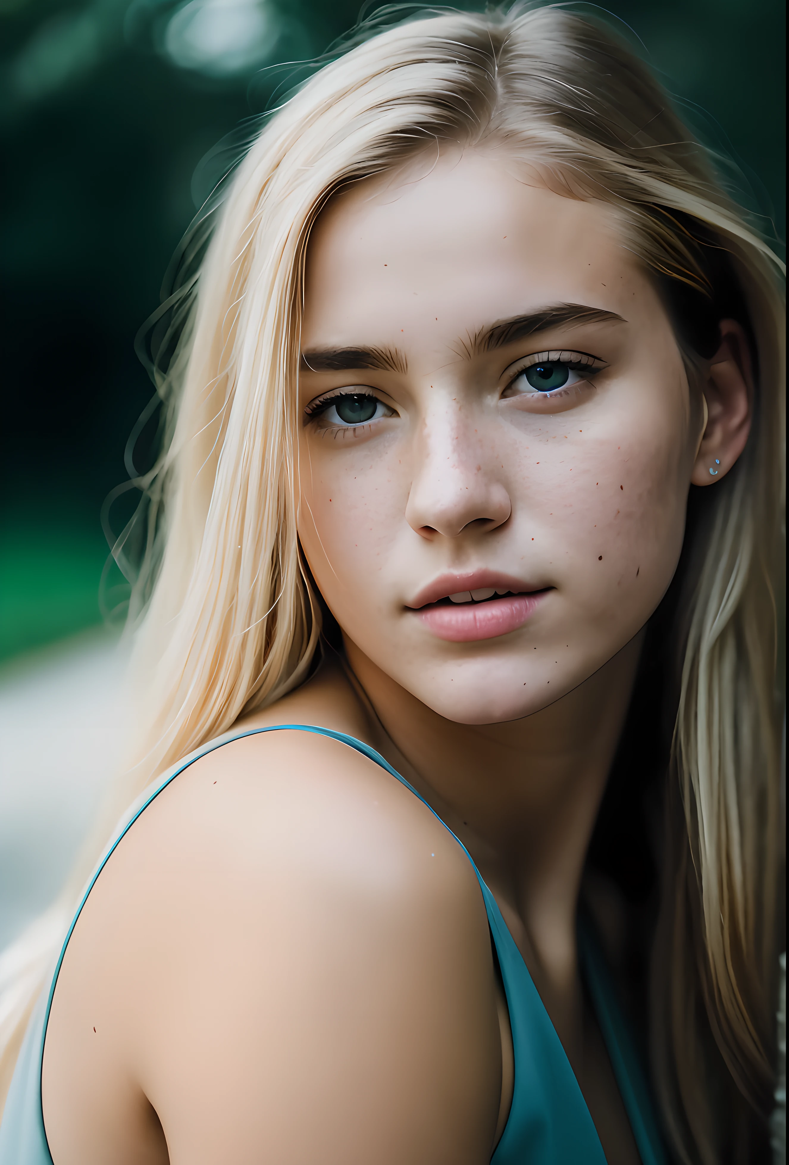 à noite, Foto CRU, (((retrato extremamente lindo))), ((pele brilhante)), 1 garota, menina de 18 anos, ((cabelo loiro natural)), [olhos azuis], cabelo longo, delineador, Cabelo esvoaçante, vibração, ((Obra de arte, melhor qualidade, hiper detalhado, luz cinematográfica, Detalhes intrincados, alta resolução, 8K, extremamente detalhado)), fundo detalhado, 8K uhd, dslr, iluminação suave, alta qualidade, Grão de filme, Fujifilm XT3, Profundidade superficial de campo, Luz natural, (mãos perfeitas), rosto perfeito