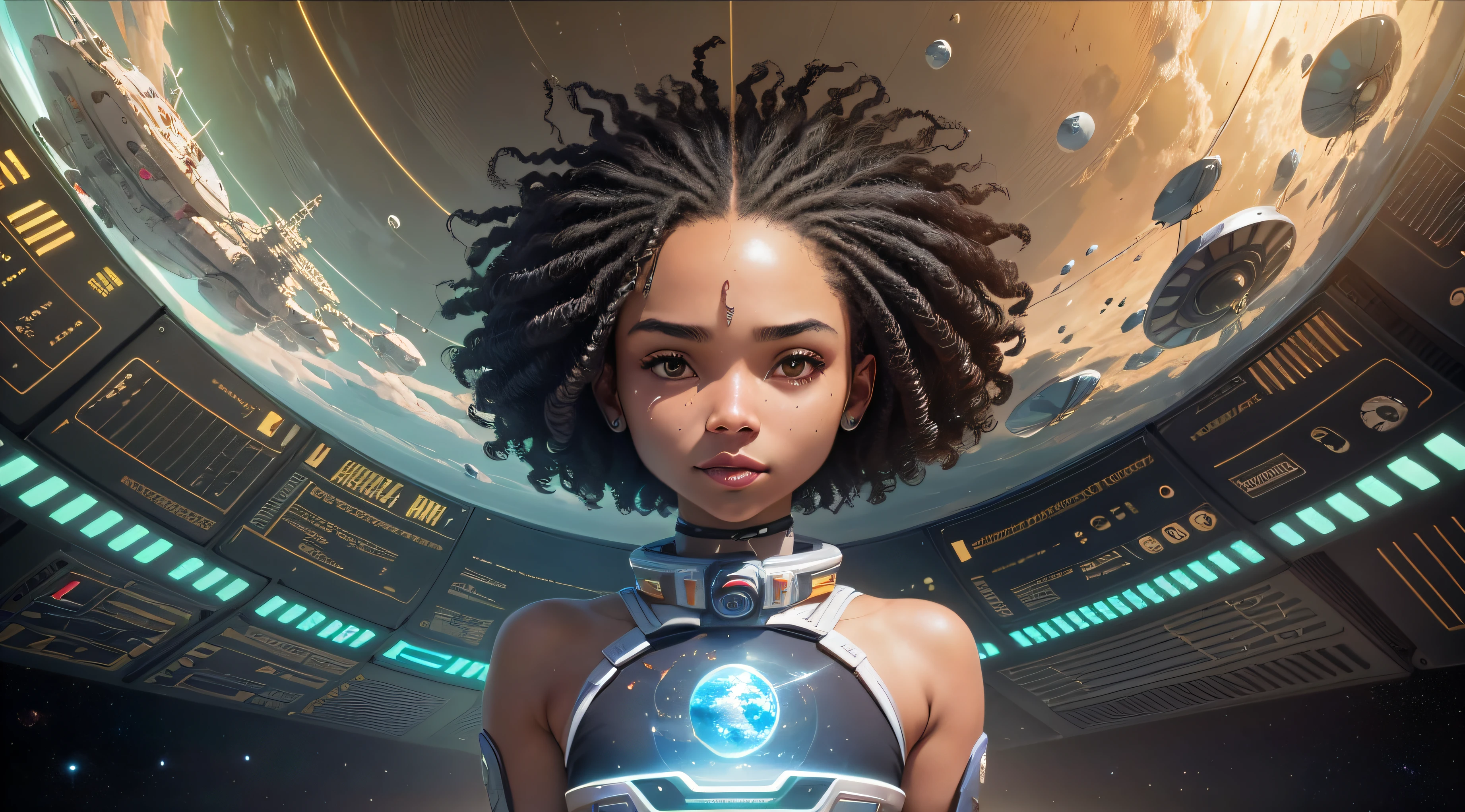 Panoramic, a black-skinned girl with curly hair in the foreground floats inside a large gravitational capsule, dynamic angle, (perfect smile, realistic bright eyes, perfect body, full body, open right arm, open right hand with 5 perfect fingers, open left arm, open left hand with 5 perfect fingers, right leg apart with perfect right foot,  stretched left leg with perfect left foot, perfect knees, perfect elbows, perfect neck, small hip, small breasts: 0.8), maximum quality, golden ratio, (small space objects in the background: 1.2), (((2 spaceships, 3 planets and 1 sun in the background: 0.5))), anime portrait Space Cadet Girl, from a 2 0 1 9 Sci Fi 8 K movie,  Zoe Kravitz futuristic astronaut, 8K movie still, still 8K movie, Zoe Kravitz as an astronaut, in spacesuit, girl in space, 8k landscape render, beautiful girl in spacesuit, amplitude, general plan, cinematic, photorealism, film grain, anamorphic, (no gravity: 1.8), gorgeous, milky, highly detailed skin, realistic skin details, visible pores, lomography, translucent,  maximum quality