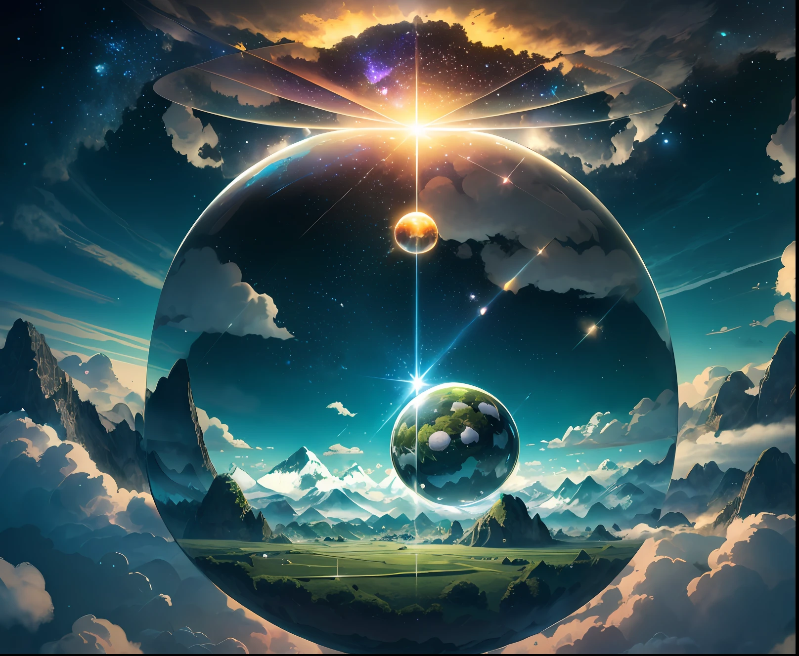 A giant mirror sphere floating in space, flickering lights, sad hamster lost (heaven like green fields surrounded by high mountains and clouds:1.3), particles in the air, god rays, stars in the background, intricate fractals, detailed, (illustration), masterpiece, high resolution, best quality.