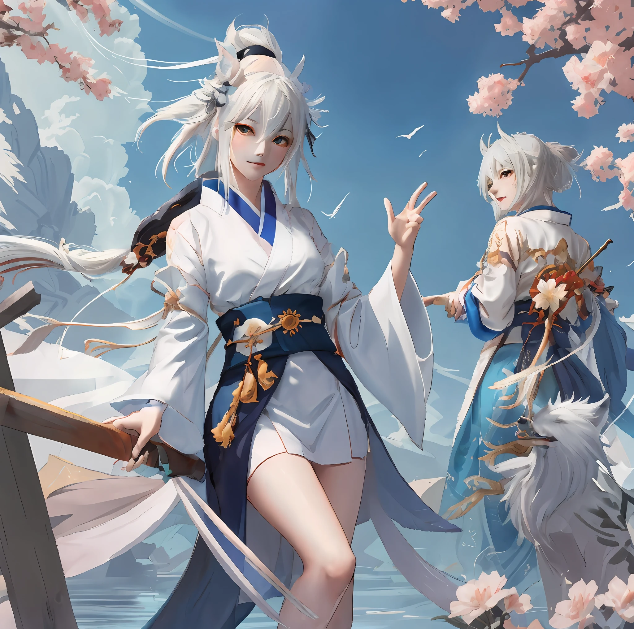 The fox girl wears a white dress，With a sword and a dog, white-haired god, Guweiz in Pixiv ArtStation, trending on artstation pixiv, Onmyoji detailed art, trending on cgstation, Guweiz on ArtStation Pixiv, Anime fantasy illustration, onmyoji, flowing white robe, Anime art wallpaper 4K fox ears，fox tails