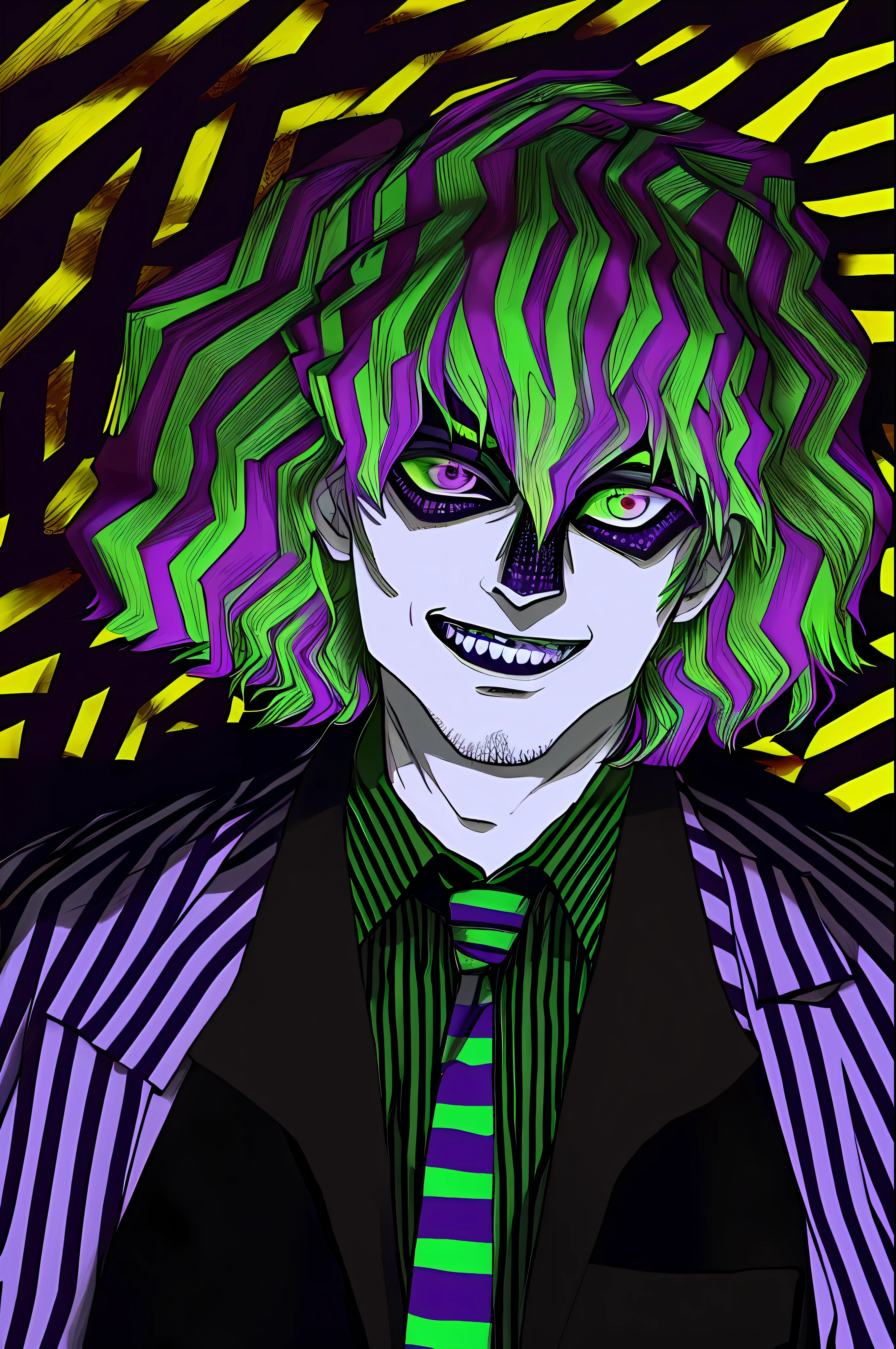 Beetlejuice, 1boy, male focus, solo, masculine, facial hair, beard, dirty face, (demonic, semi realistic),holographic eyes, heterochromia, purple eyes, striped jacket,striped shirt, two tone hair, streaked hair, multicolored hair, red hair, green hair, wild hair, evil scene, prison clothes, necktie, teeth, side lighting, ray tracing, depth of field, solo, extreme light and shadow, masterpiece, post apocalyptic, rich in detail,(detailed eyes), (handsome) detailed, (dirt splotches), extreme light and shadow, (beetlejuice), detailed eyes,(masterpiece), (extremely detailed CG unity 8k wallpaper),(best quality), (ultra-detailed), (best illustration),(best shadow),rim lighting, beetlejuice, ((Beetlejuice)), crazy grin, crazy expression,(zentangle, mandala, tangle, entangle:0.6),