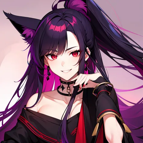 young guy, pretty facial features, long dark purple hair, half gathered in messy ponytail, half loose, dangerous bright red eyes...