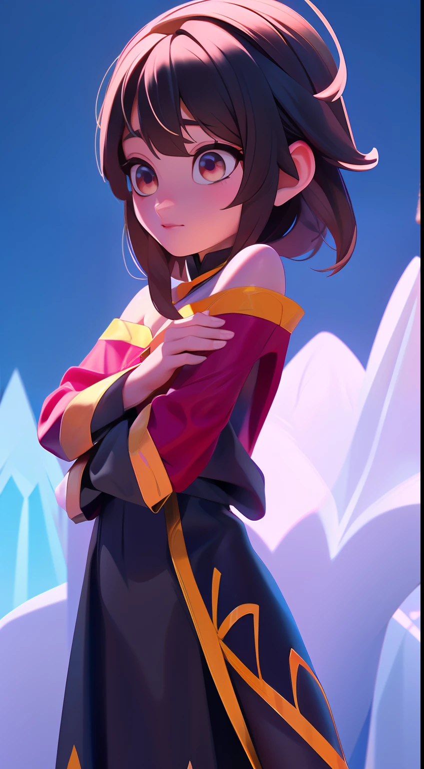 Fusion Elsa-Megumin, Fusionner des modèles, fusion, ((Porter les vêtements de Megumin + Porter le chapeau de Megumin + Tenir le bâton)), (vêtements rouges + Détails jaunes + cape noire), À l&#39;intérieur de la taverne, 1fille, Beau, personnage, femme, femelle, Visage terrifié, (partie maîtresse:1.2), (meilleure qualité:1.2), (seulement:1.2), ((pose de combat)), ((champ de bataille)), cinématique, yeux parfaits, peau parfaite, éclairage parfait, sourir, lumière, Cor, peau texturée, Détail, beauté, merveille, ultra-détaillé, Visage parfait