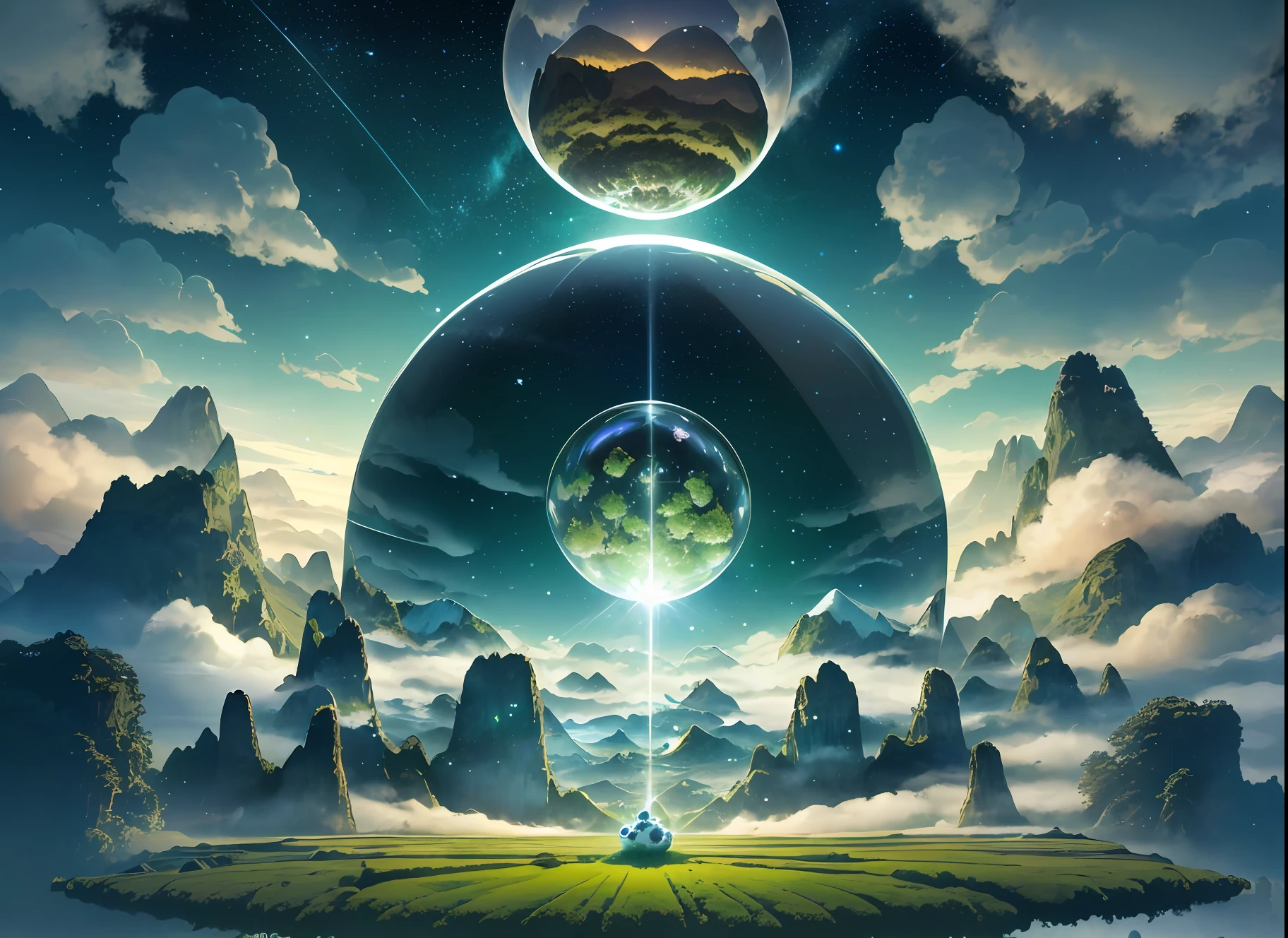 A giant mirror sphere floating in space, flickering lights, sad hamster lost (heaven like green fields surrounded by high mountains and clouds:1.3), particles in the air, god rays, stars in the background, intricate fractals, detailed, (illustration), masterpiece, high resolution, best quality.