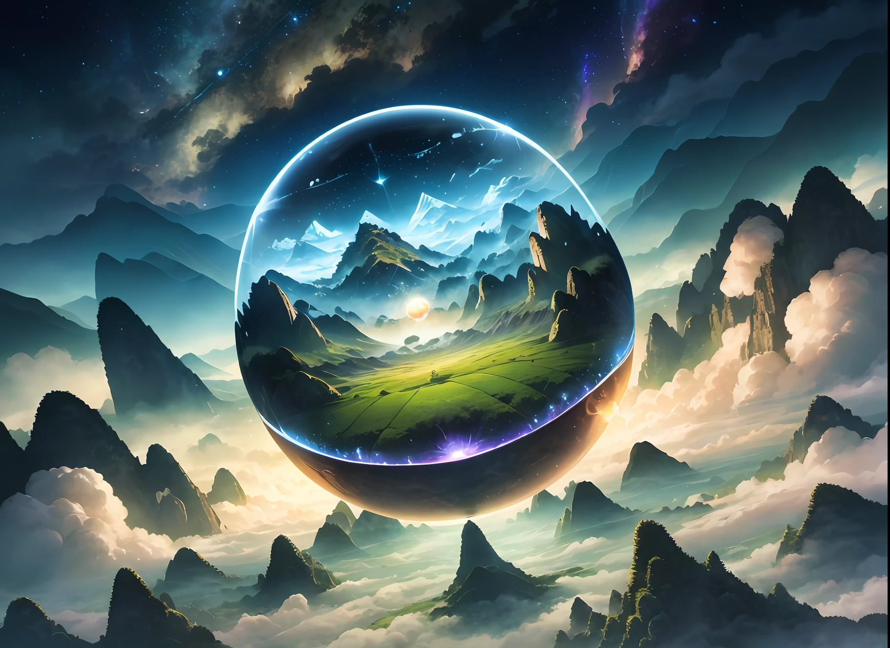 A giant mirror sphere floating in space, flickering lights, sad hamster lost (heaven like green fields surrounded by high mountains and clouds:1.3), particles in the air, god rays, stars in the background, intricate fractals, detailed, (illustration), masterpiece, high resolution, best quality.