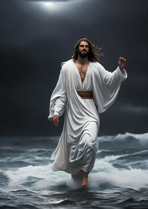 Jesus Christ walking on water in a storm, white robes, waves, soft expression, dark sky with lightning, lightning, photo realism...