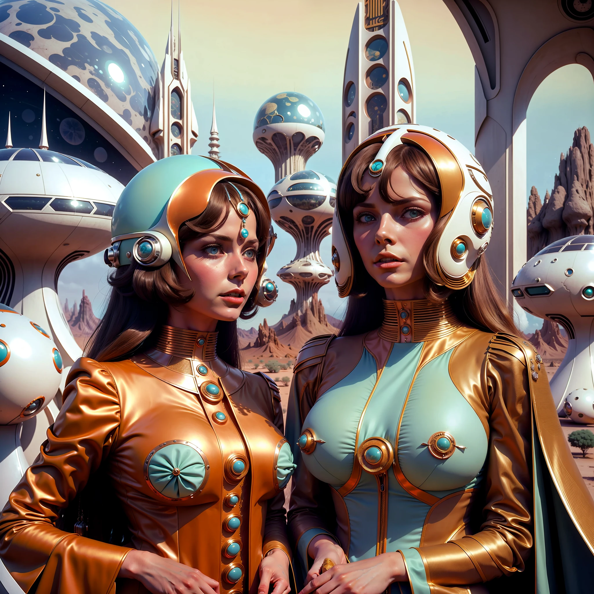 Image 4K d&#39;un film de science-fiction des années 1970, couleurs pastel, des personnes portant des vêtements de mode rétro-futuristes et des ornements et dispositifs technologiques futuristes, lumière naturelle, cinématique, Psychédélisme, rétro-futuriste, photo-réaliste, yeux parfaits, des mains parfaites, cheveux parfaits, riches détails du visage, hyper détaillé, hyper réaliste, texture de peau réelle, vraies textures de tissus, Détails d&#39;arrière-plan nets, rendu net.