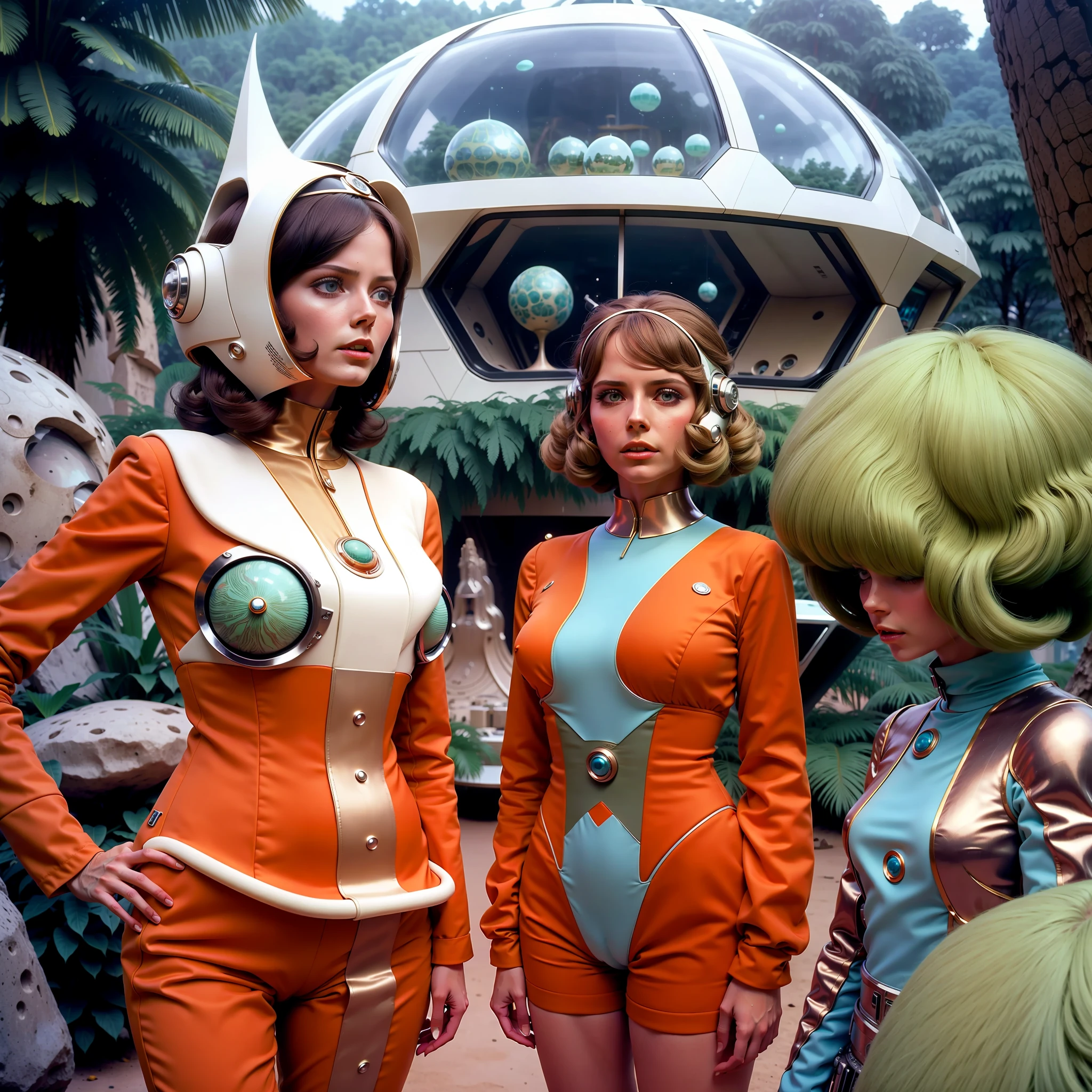 4k image from a 1970s science fiction film, pastels colors, people wearing retro-futuristic fashion clothes and futuristic technological ornaments and devices, Luz Natural, cinemactic, Psicodelia, retro-futurista, photo-realistic, olhos perfeitos, perfect hands, cabelo perfeito, ricos detalhes do rosto, hiper detalhado, hyper realistic, textura real da pele, texturas de tecido real, Sharp background details, sharp render.